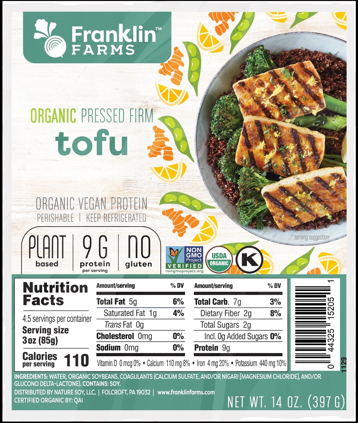 Franklin Farms Firm Pressed Tofu Vacuum Pack 14 Ounce Size - 6 Per Case.