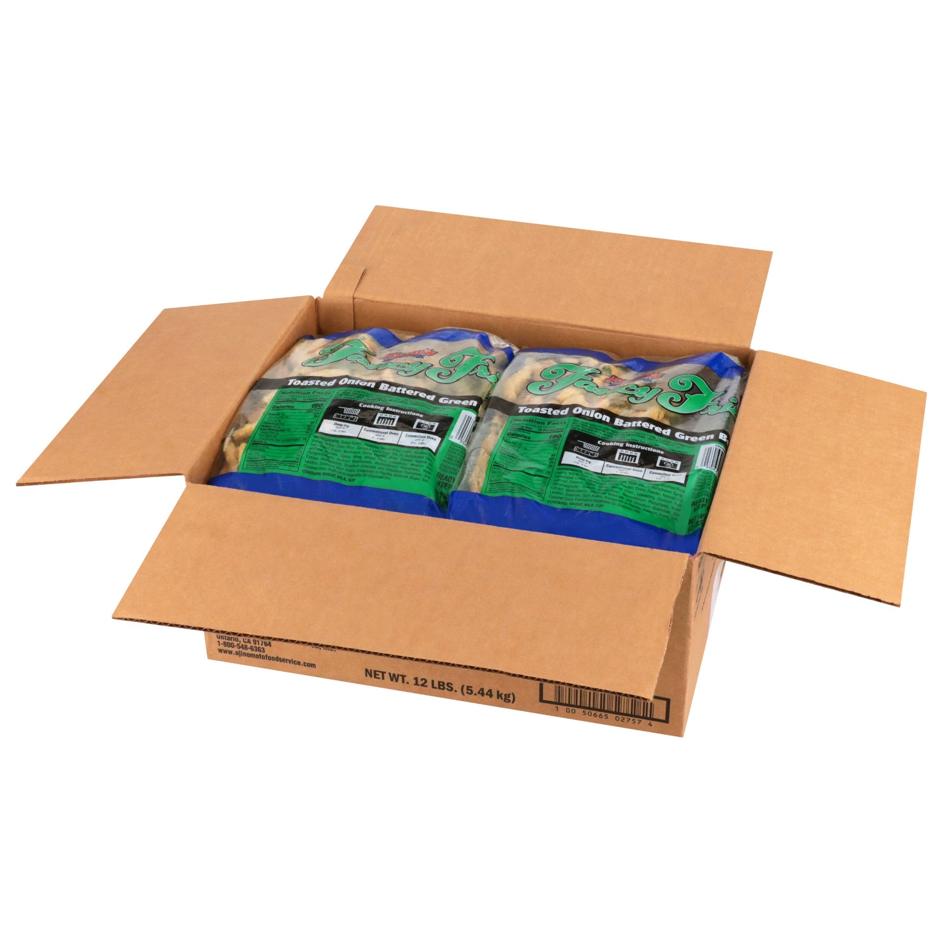 Fred's Toasted Onion Battered Green Bean Fancy Fries Bags 2 Pound Each - 6 Per Case.