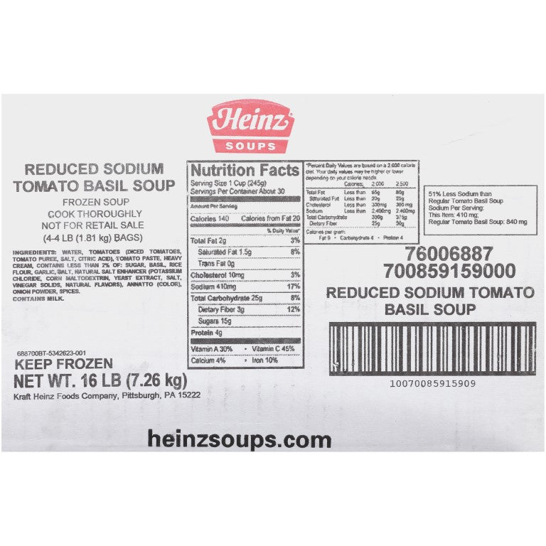 HEINZ Reduced Sodium Tomato Basil Soup 4 lb. Bag 4 Per Case