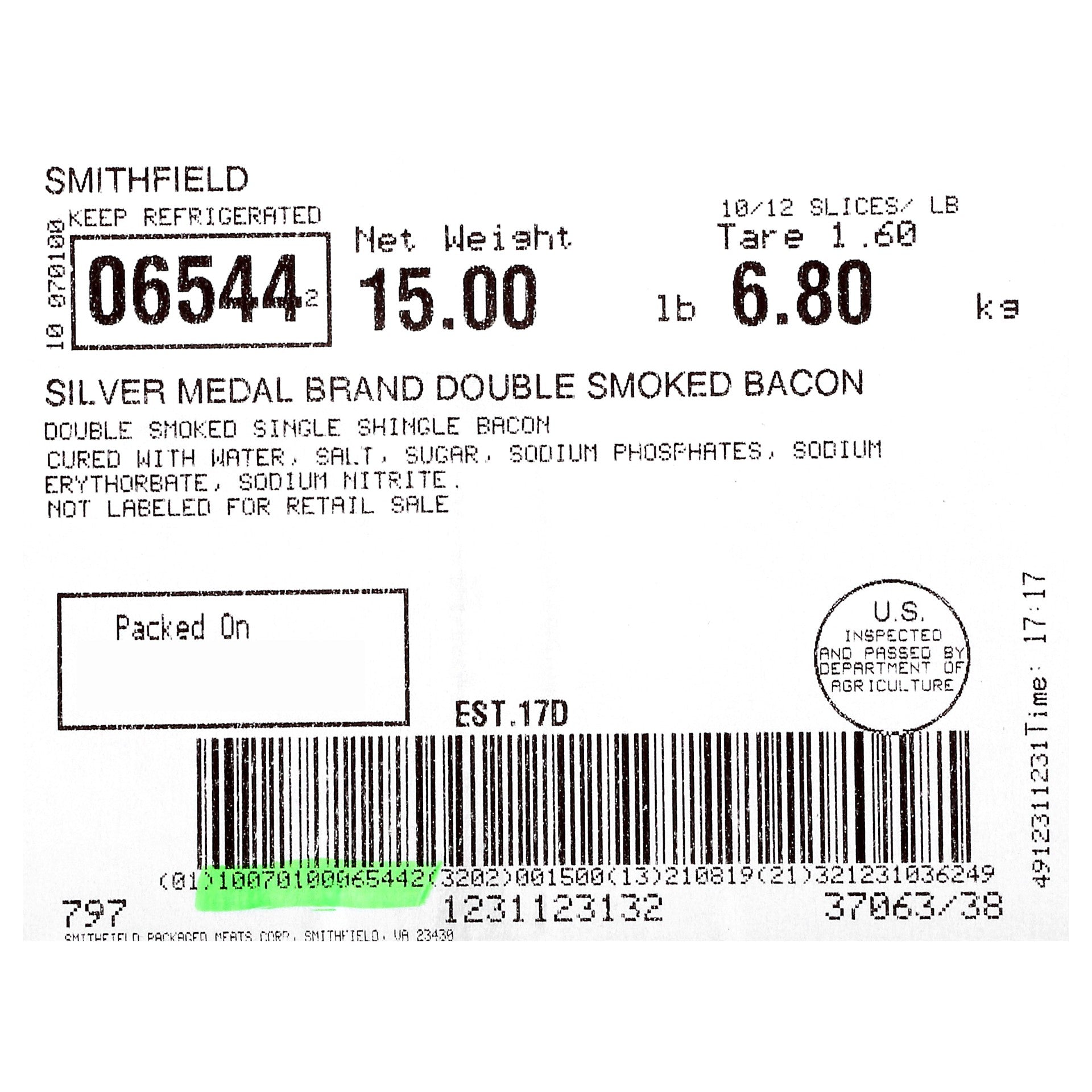 Bacon Single Shingle Double Smoked 15 Pound Each - 1 Per Case.