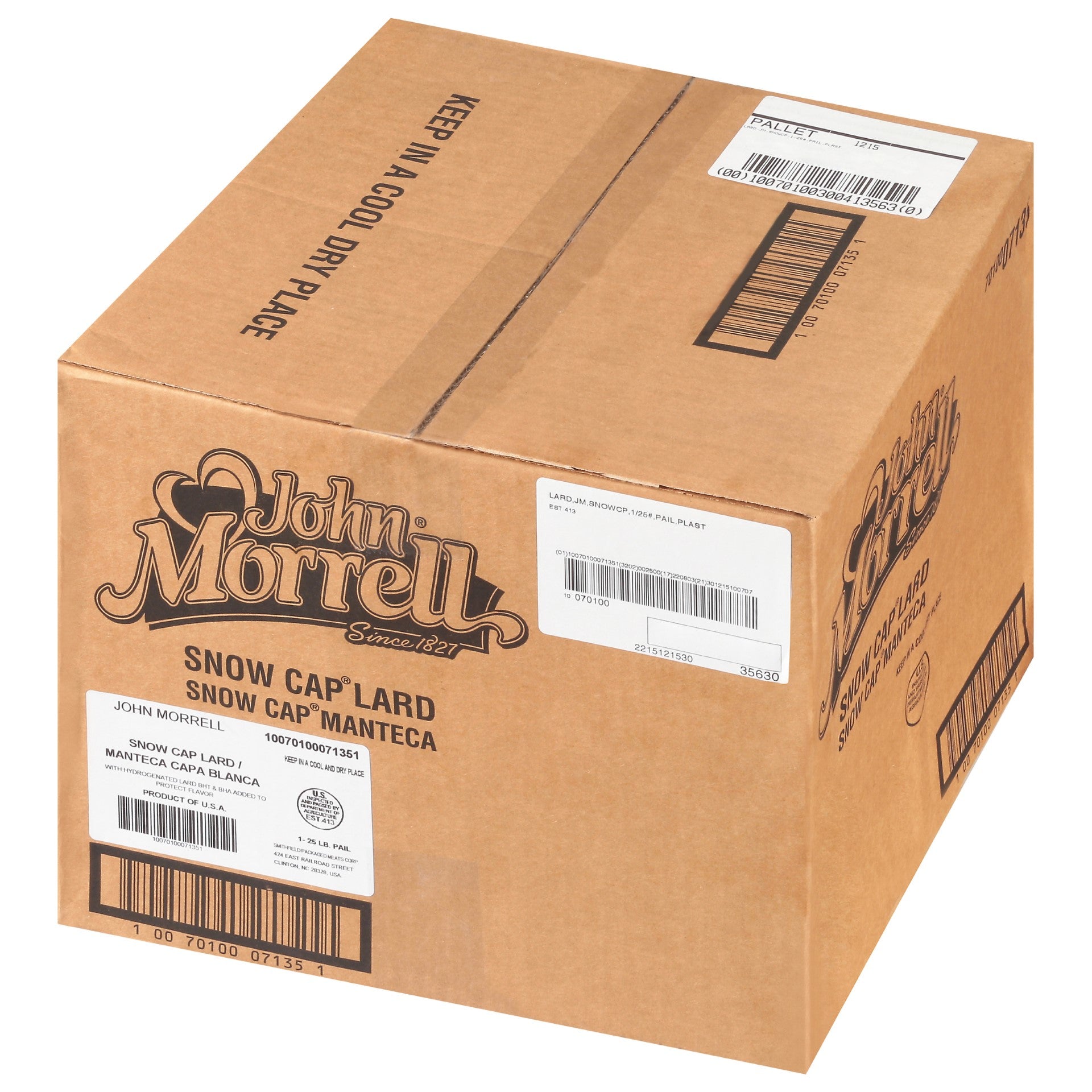 John Morrell Snow Cap Lard 25 Pound Each - 1 Per Case.