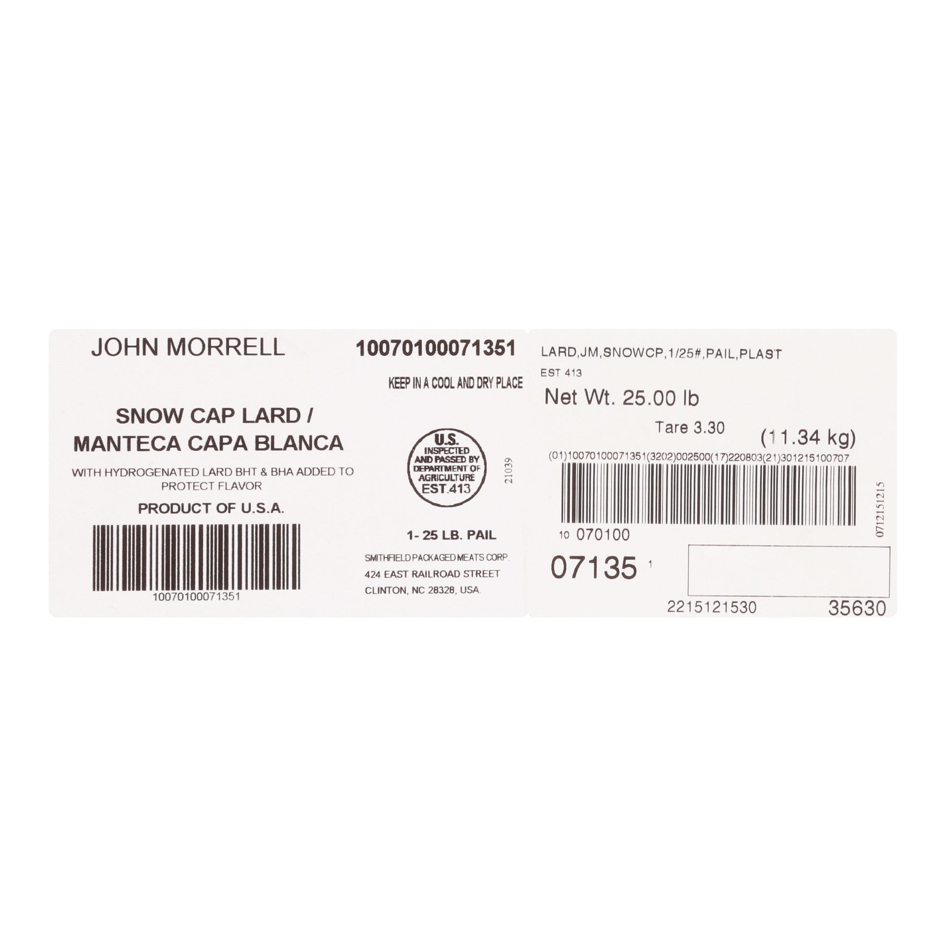 John Morrell Snow Cap Lard 25 Pound Each - 1 Per Case.