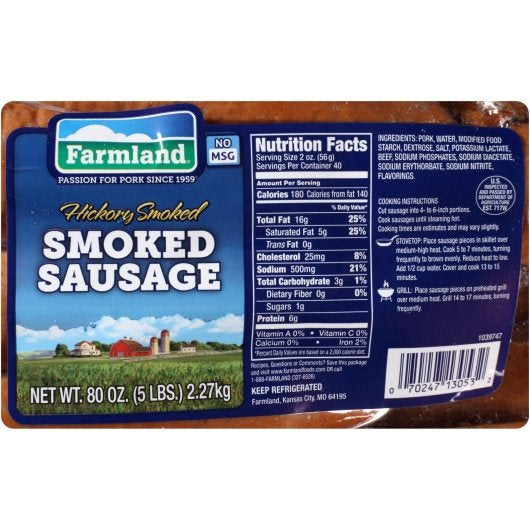 Smithfield Farmland Gold Medal Regular Hickory Smoked Sausage 3.33 Pound Each - 3 Per Case.