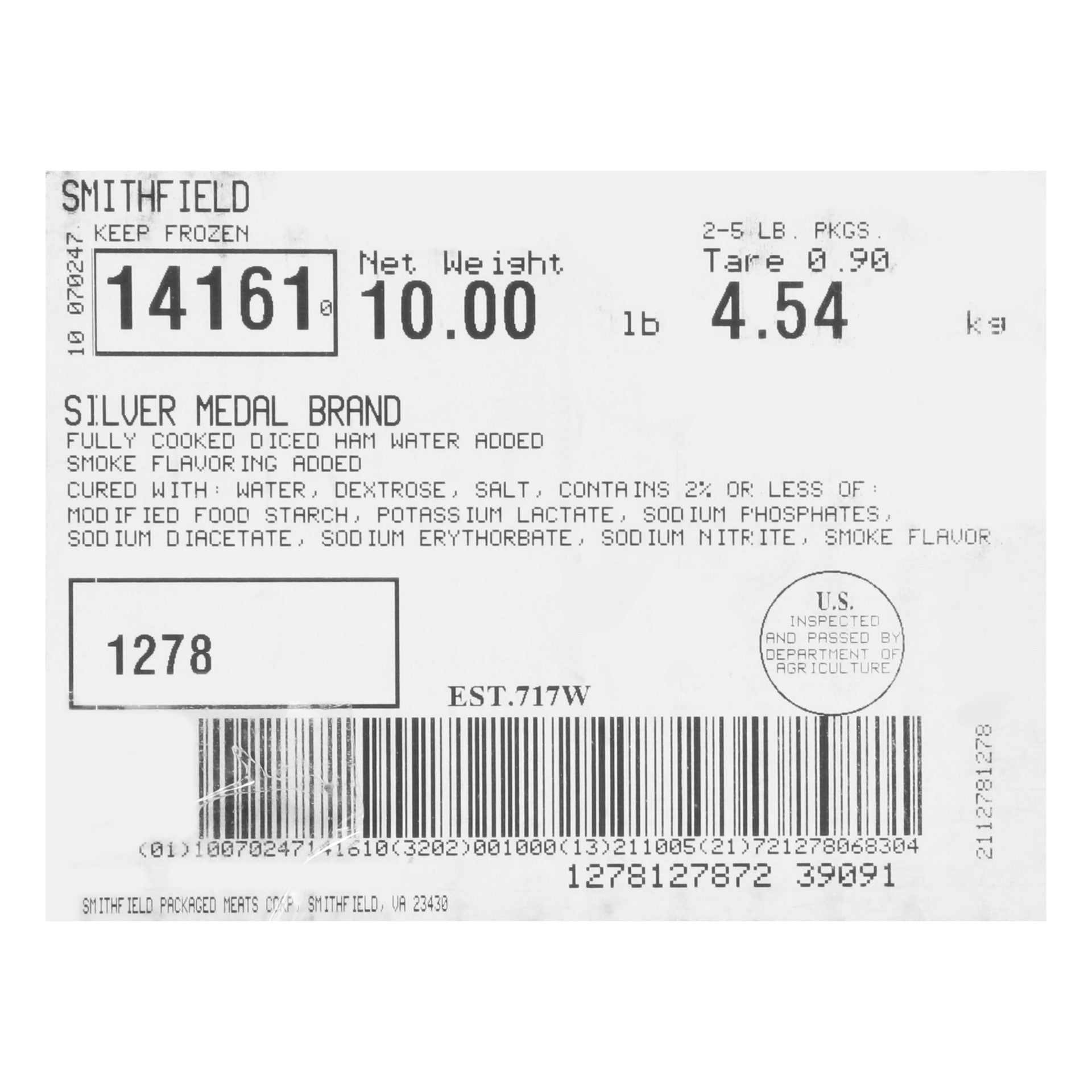 Ham Smoked Diced Water Added 4" Cubes 5 Pound Each - 2 Per Case.