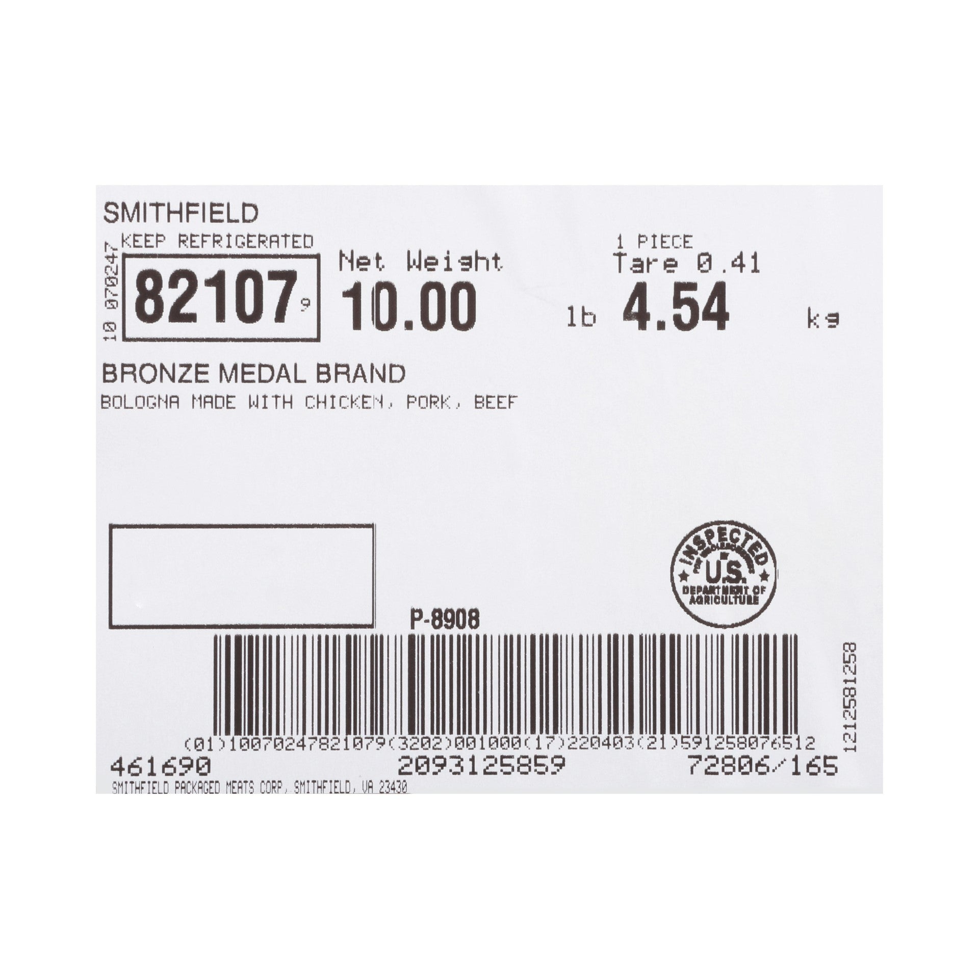 Bologna Meat Bronze Medal Stick 10.41 Pound Each - 1 Per Case.