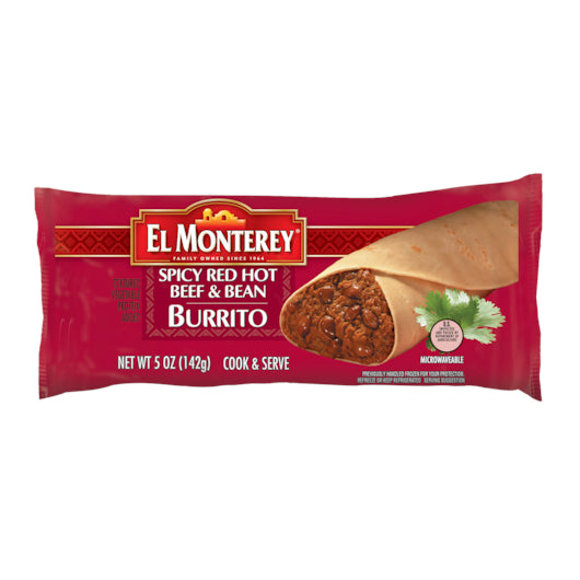 El Monterey Individually Wrapped Beef & Bean Spicy Red Hot Burrito, 5 Ounces - 24 Per Case.