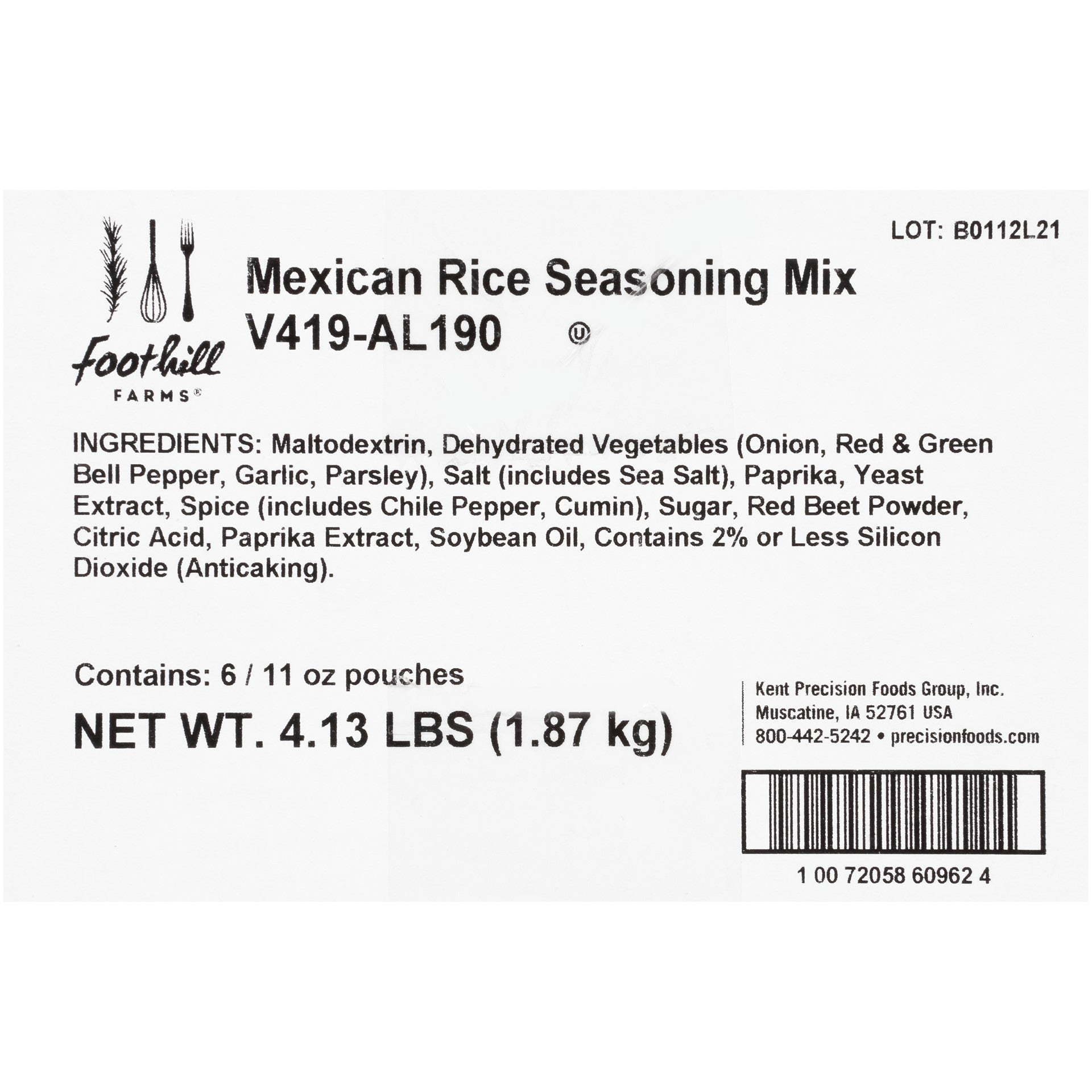 Foothill Farms Mexican Rice Seasoning Mix 11 Ounce Size - 6 Per Case.