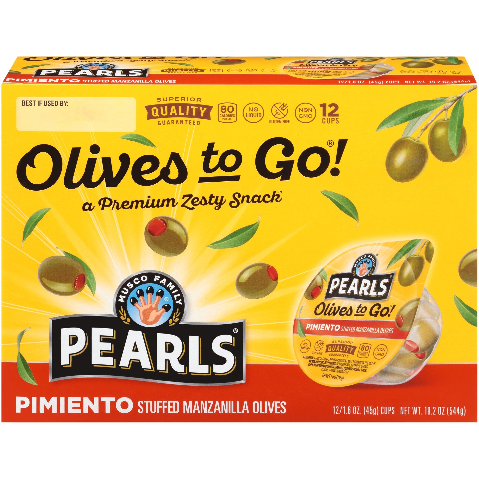 Olives Pimento Stuffed Manzanilla Cups 1.6 Ounce Size - 96 Per Case.
