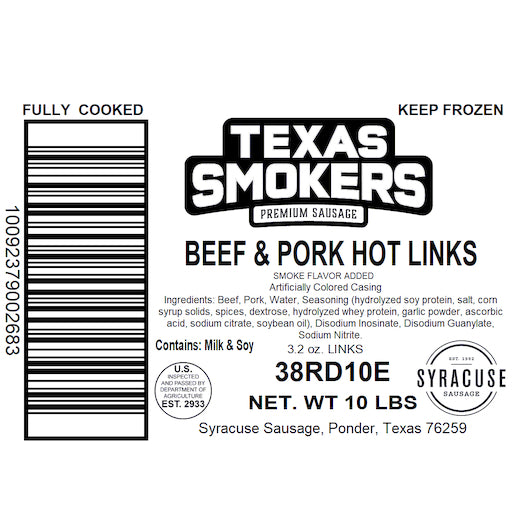 Texas Smokers Red Hot Links, 10 Pounds - 1 per case