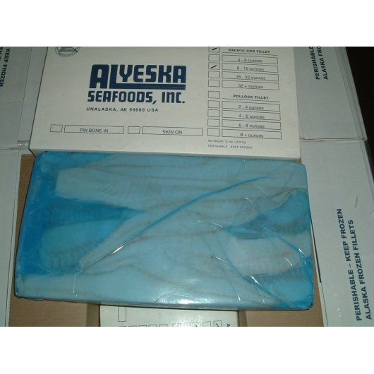 Frozen Seafood Commodity Alyeska Label Once Frozen Shatter Pack Alaskan Cod Fillets 8 To 16 Ounce Size 15 Pound Each - 3 Per Case.