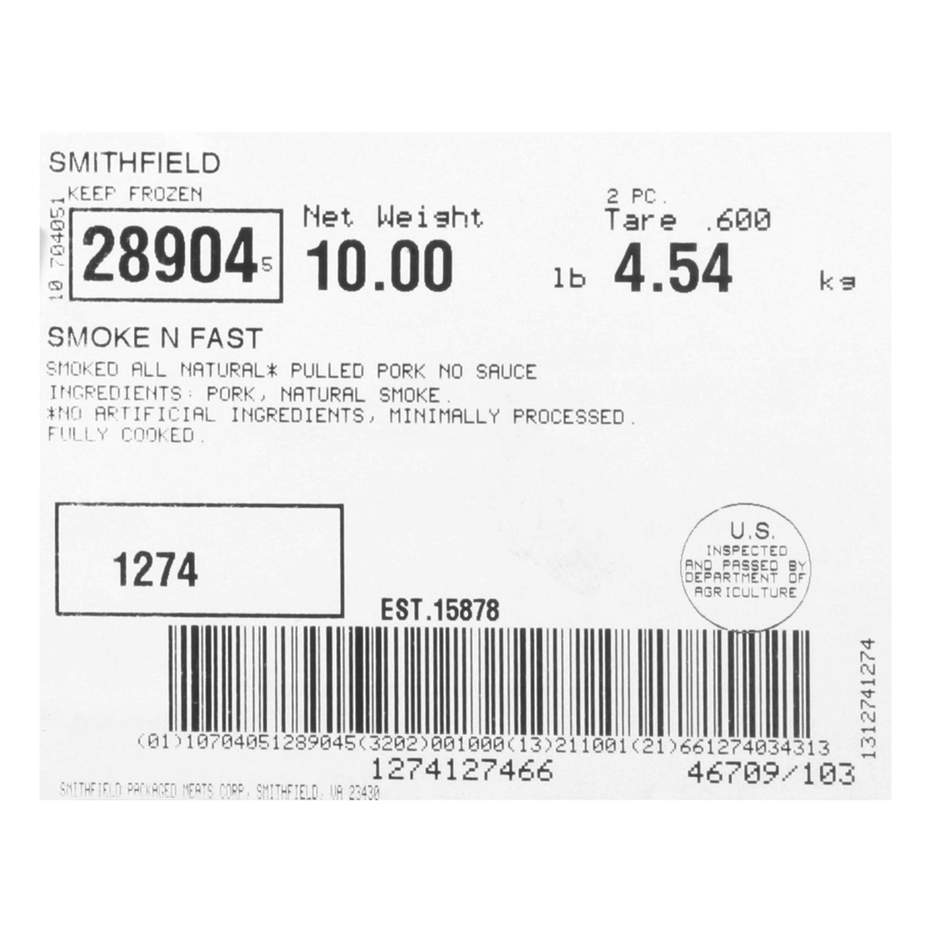 Smithfield Curly's Smoked Pulled Pork Without Sauce 5 Pound Each - 2 Per Case.