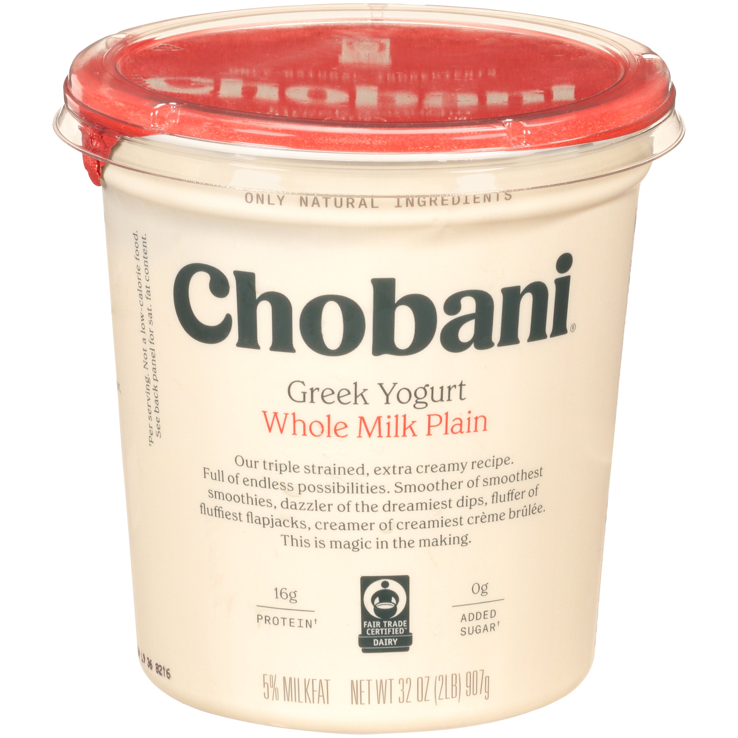 Chobani® Whole Milk Plain Greek Yogurt 32 Ounce Size - 6 Per Case.