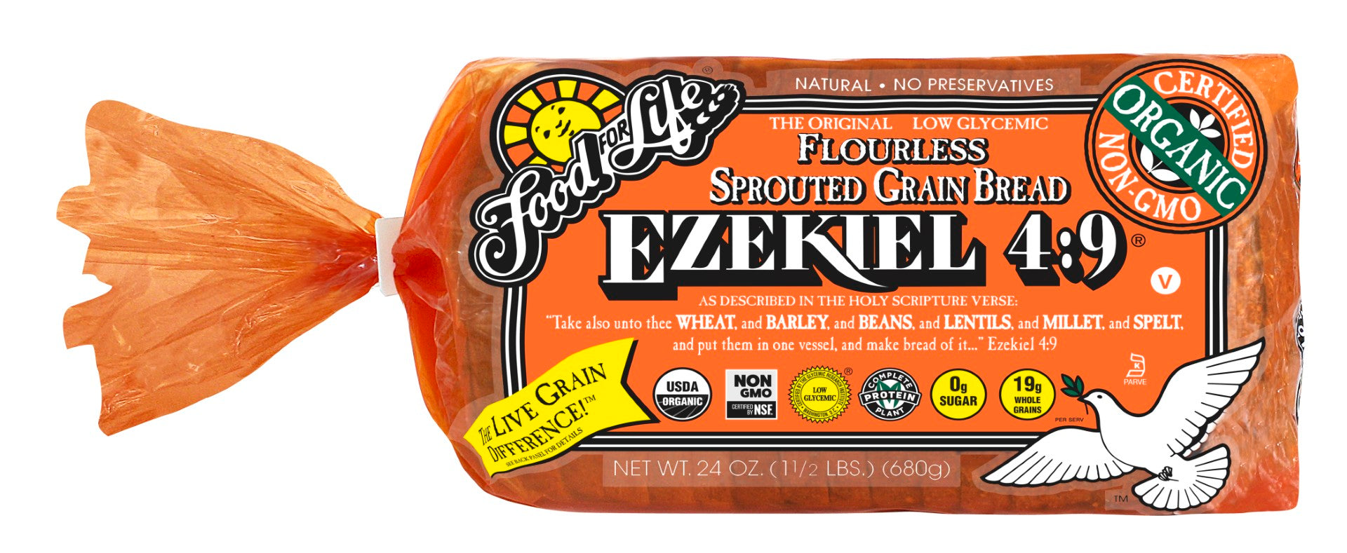 Food For Life Organic Ezekiel Sprouted Whole Grain Bread 24 Ounce Size - 6 Per Case.