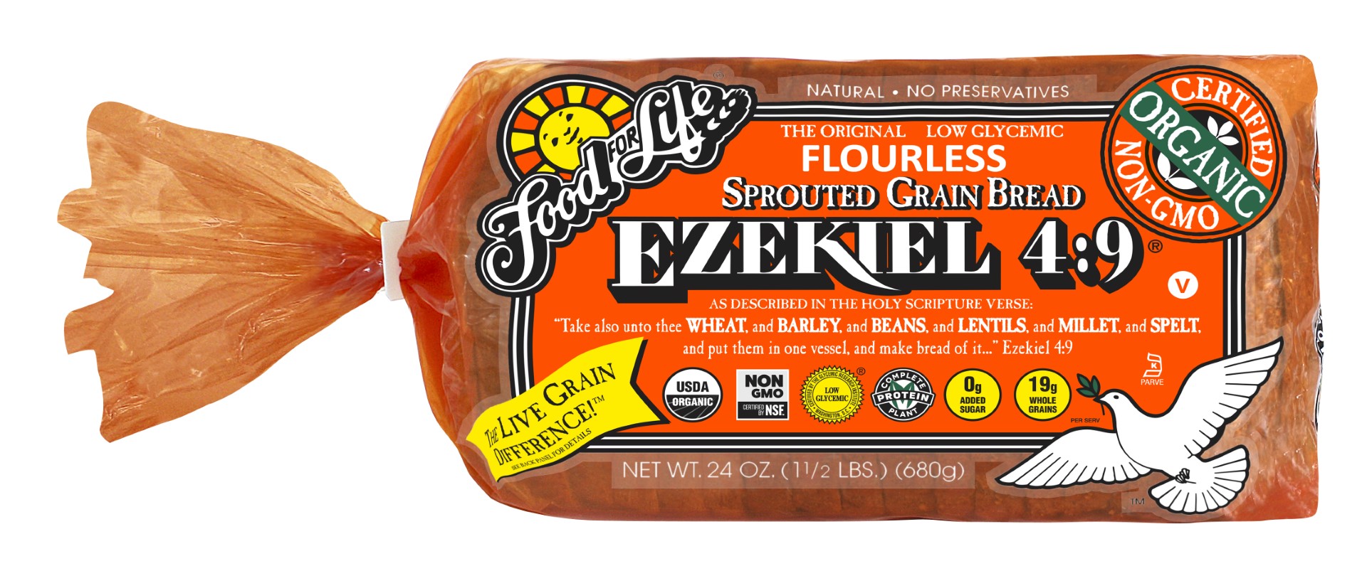 Food For Life Organic Ezekiel Sprouted Whole Grain Bread 24 Ounce Size - 6 Per Case.