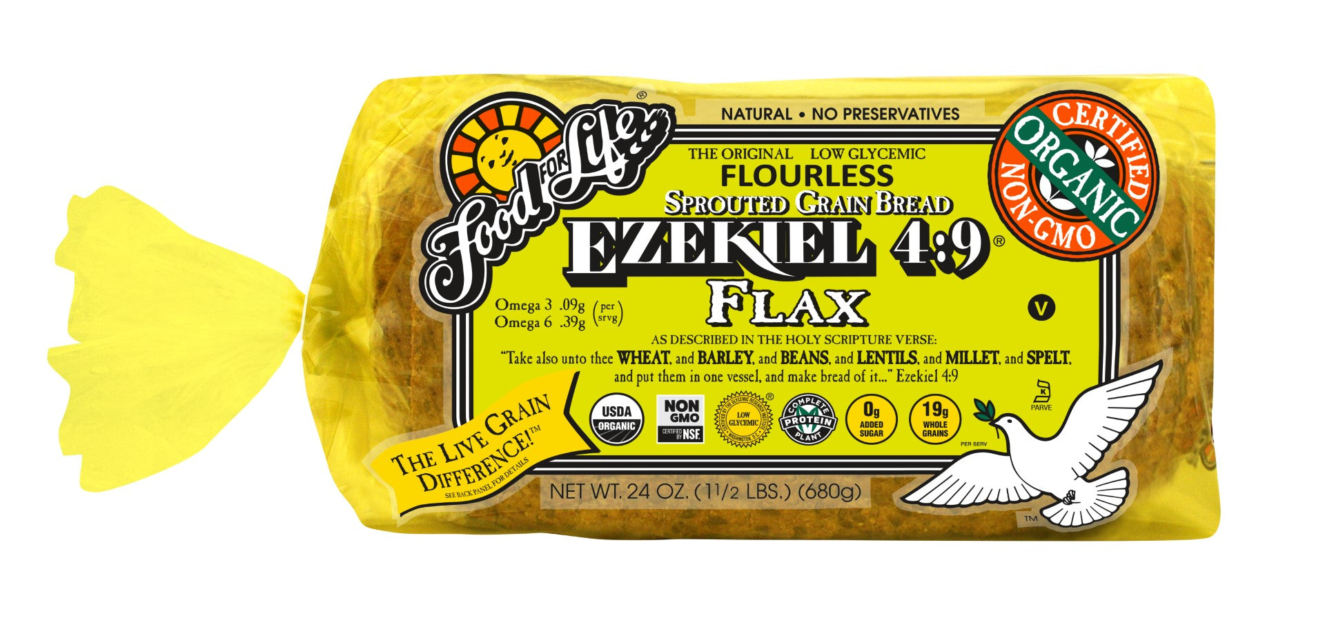 Food For Life Organic Ezekiel Sprouted Whole Grain Flax Bread 24 Ounce Size - 6 Per Case.