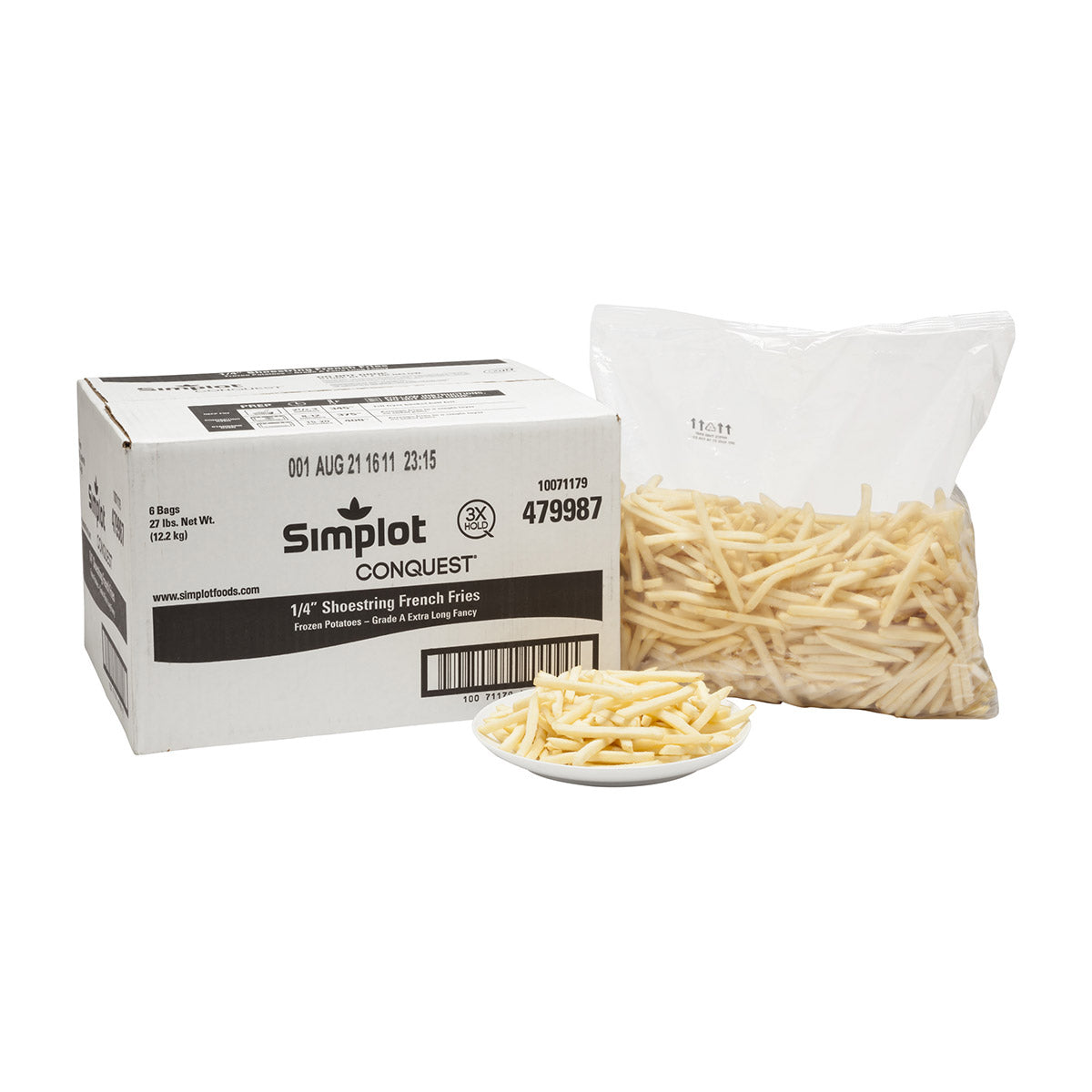 Simplot Conquest 4" Clear Coated Shoestringfries 4.5 Pound Each - 6 Per Case.