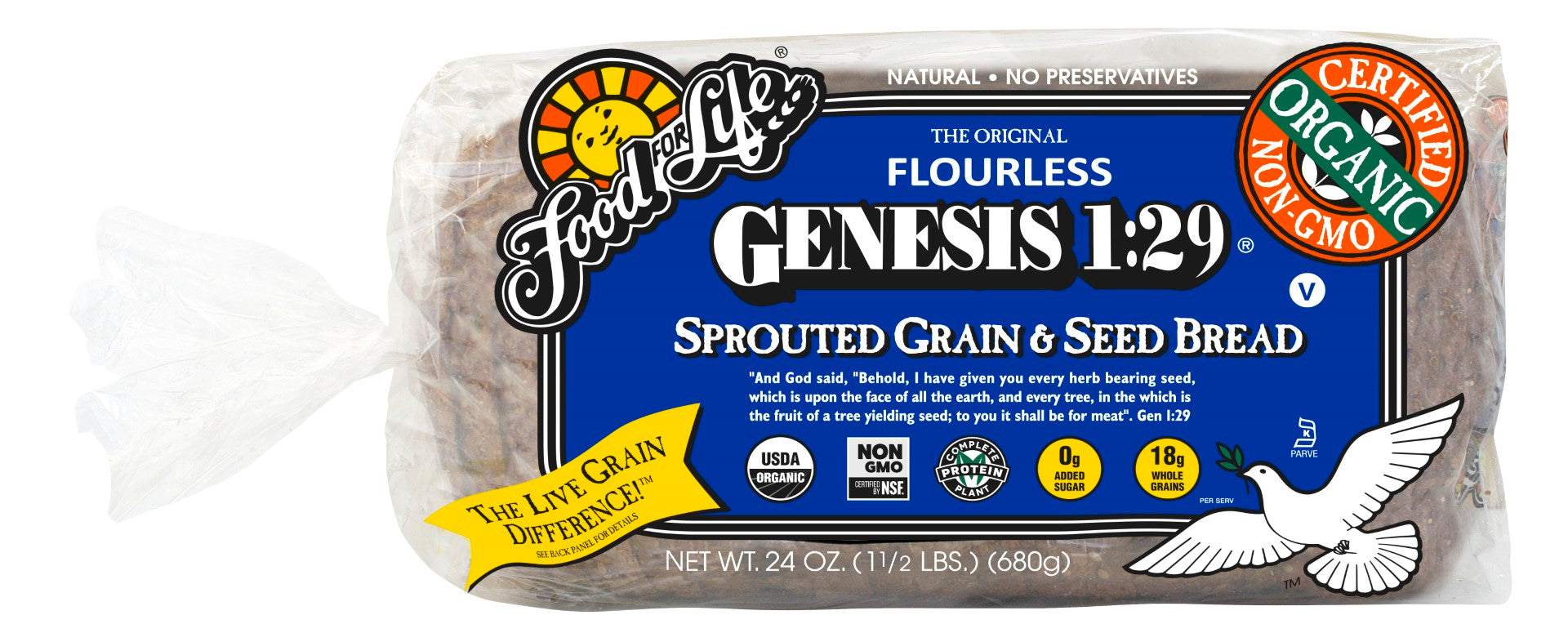 Food For Life Organic Genesis Sproutedgrain & Seed Bread 24 Ounce Size - 6 Per Case.