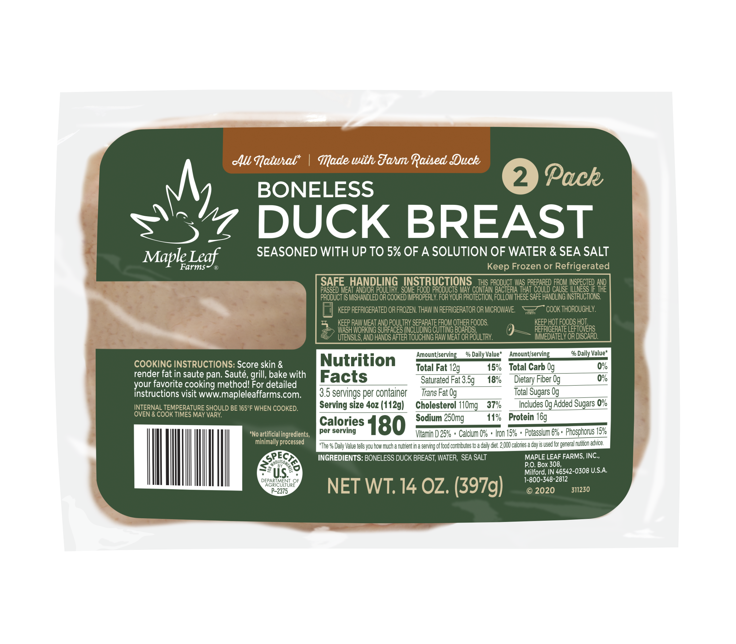 All Natural Boneless Duck Breast Ready Pack 2 Count Packs - 8 Per Case.
