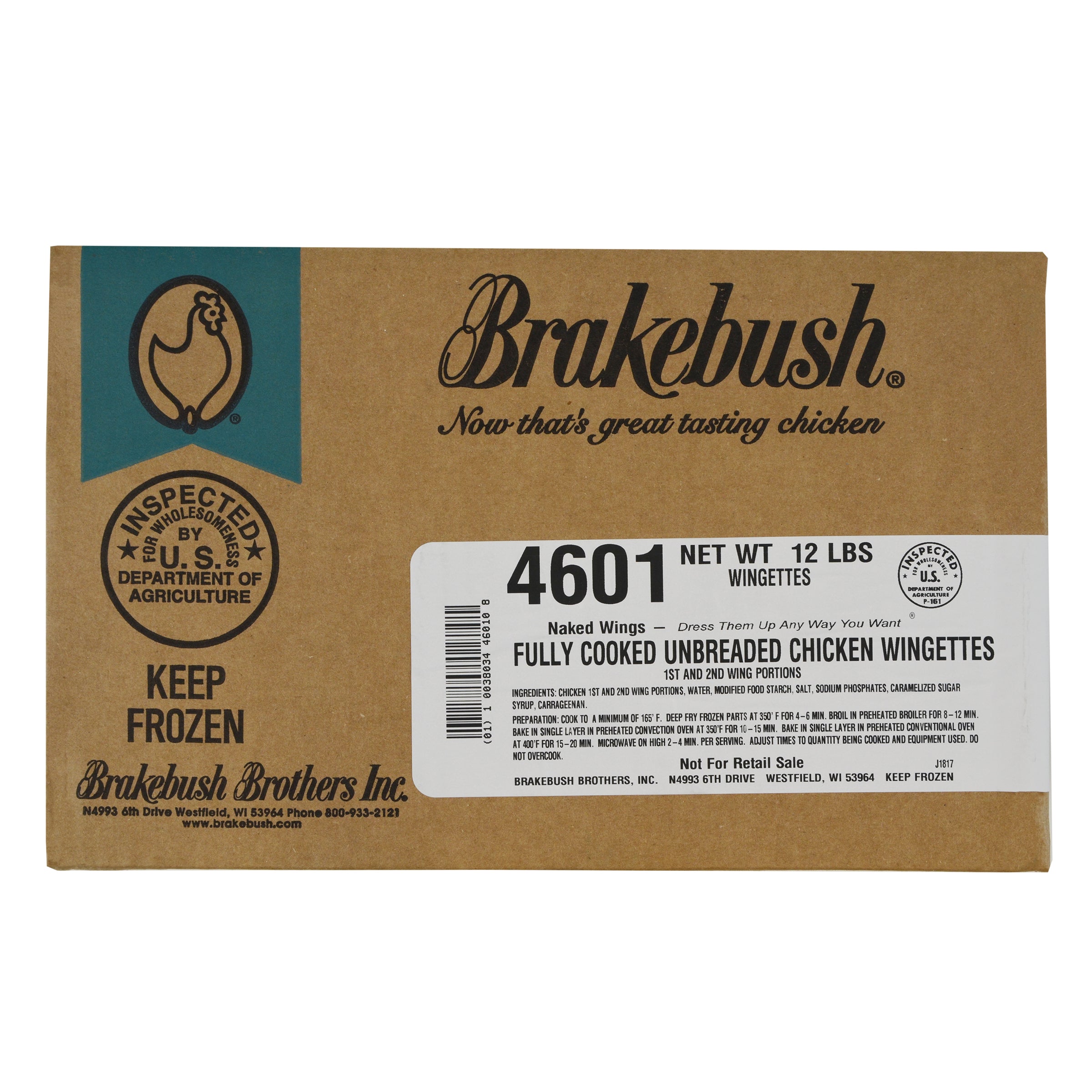 Brakebush Fully Cooked Naked Unbreaded Chicken Wingettes, 6 Pounds 6 Pound Each - 2 Per Case.
