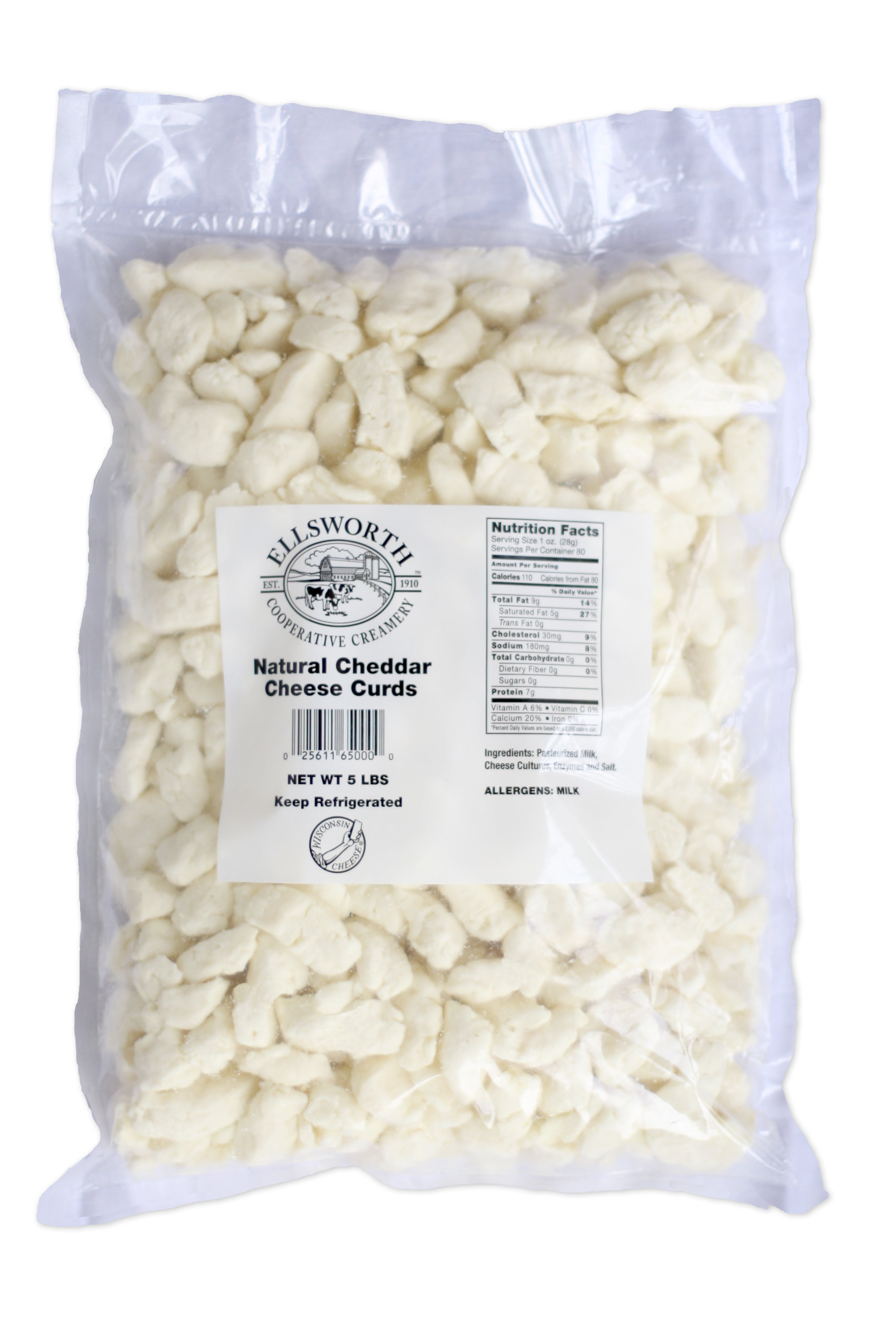 Ellsworth Natural White Cheddar Cheese Curds 5 Pound Each - 6 Per Case.