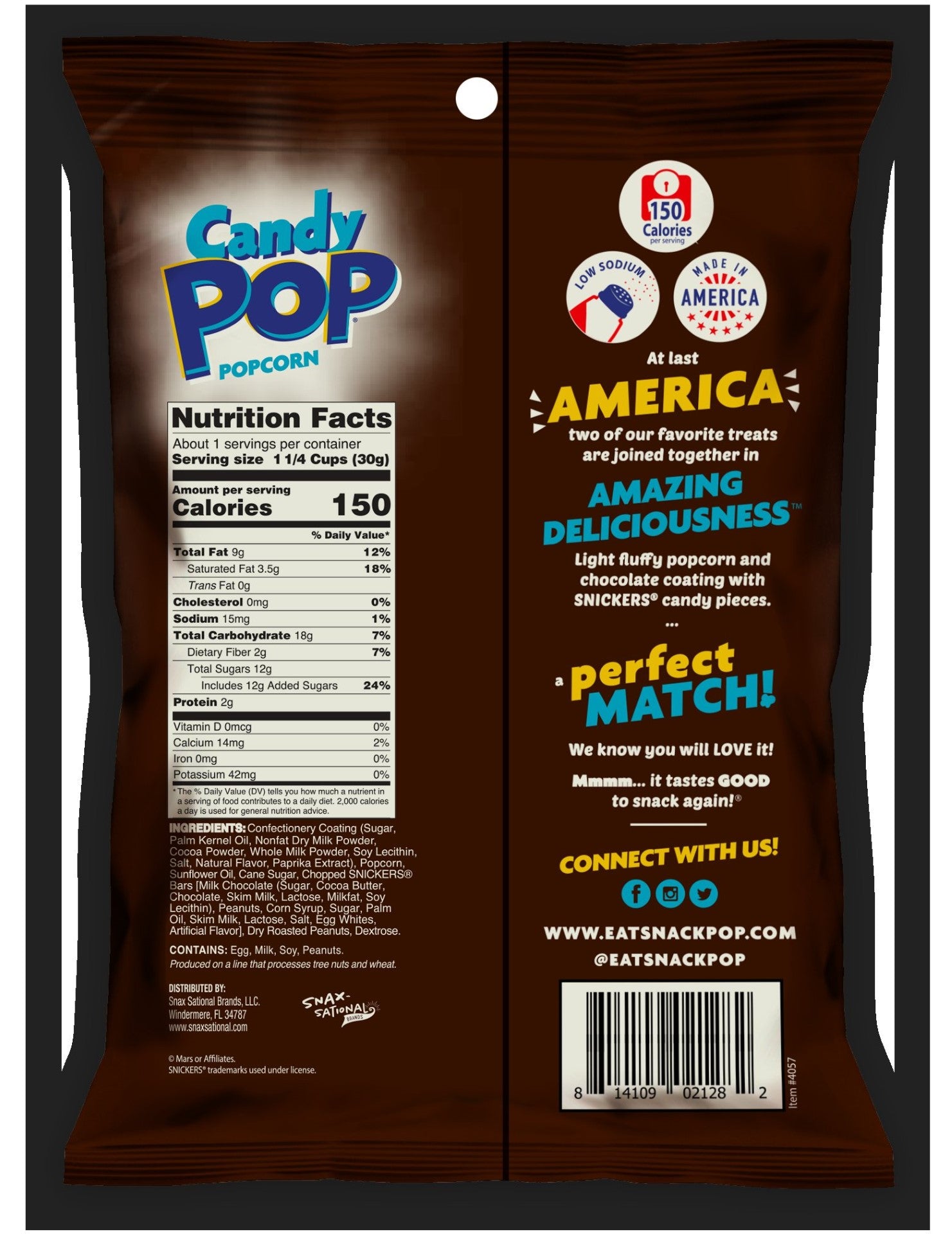 EaSnickers Candy Pop Popcorn 1 Ounce Size - 48 Per Case.