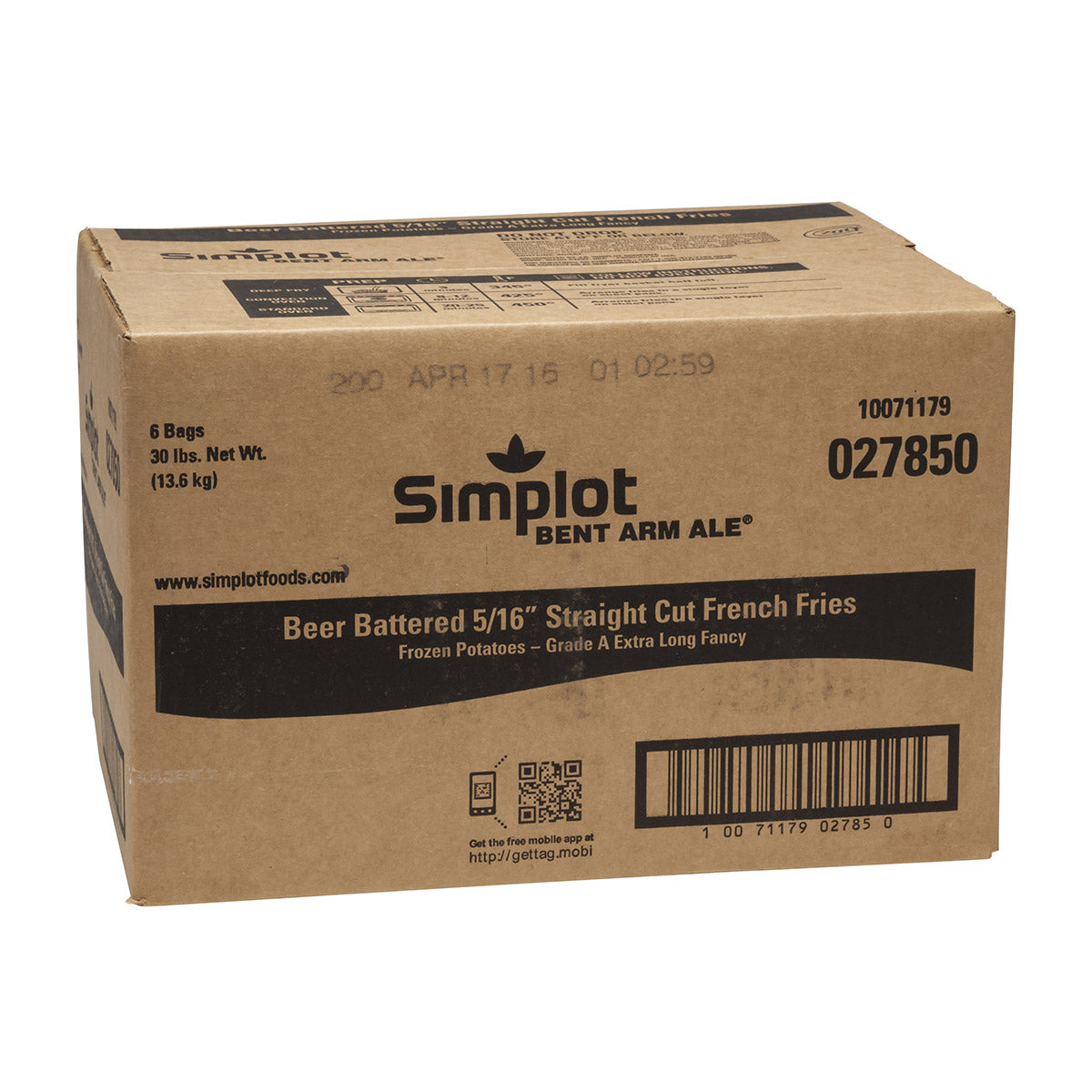 Simplot Bent Arm Ale 6 Inch Beer Battered Straight Cut Fries Skin On 5 Pound Each - 6 Per Case.