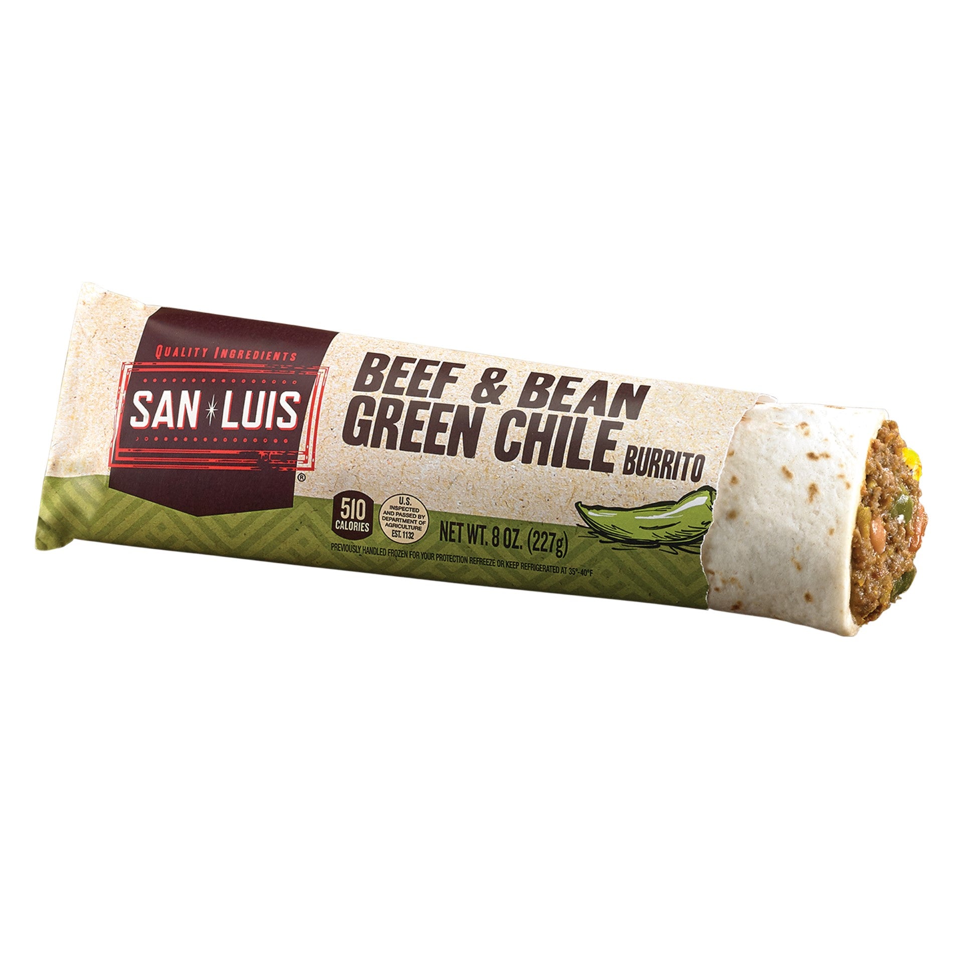 San Luis Beef & Bean Green Chile Burrito 8 Ounce Size - 10 Per Case.
