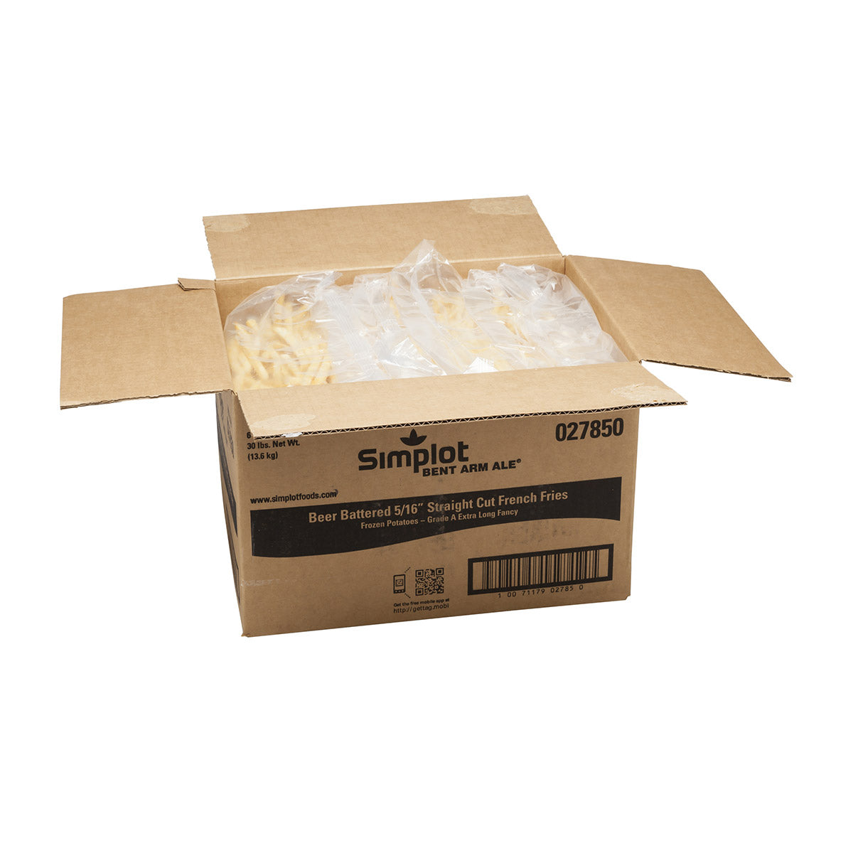Simplot Bent Arm Ale 6 Inch Beer Battered Straight Cut Fries Skin On 5 Pound Each - 6 Per Case.