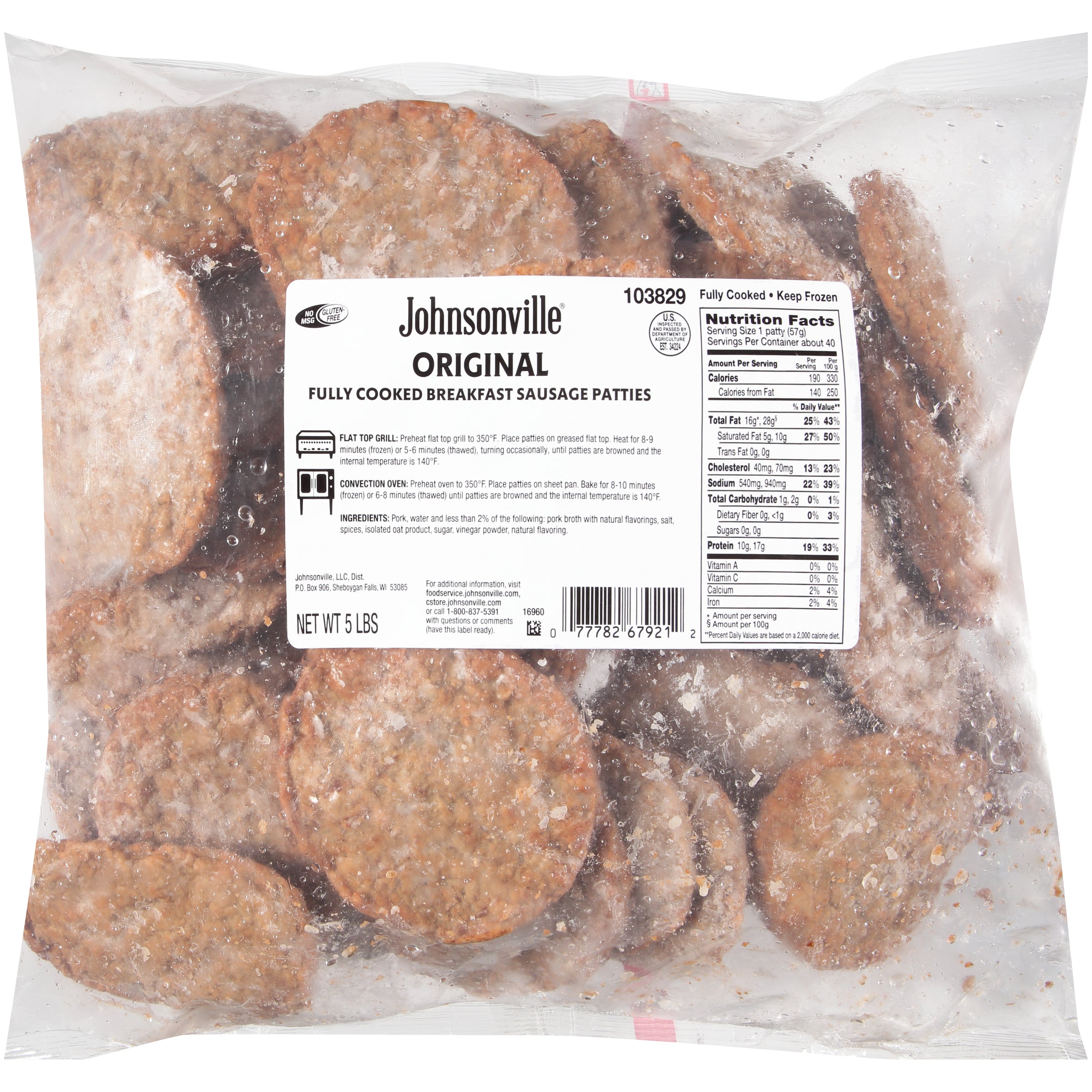 Johnsonville Cooked Original Breakfast Pork Sausage Patties Pound Bagsct 5 Pound Each - 2 Per Case.