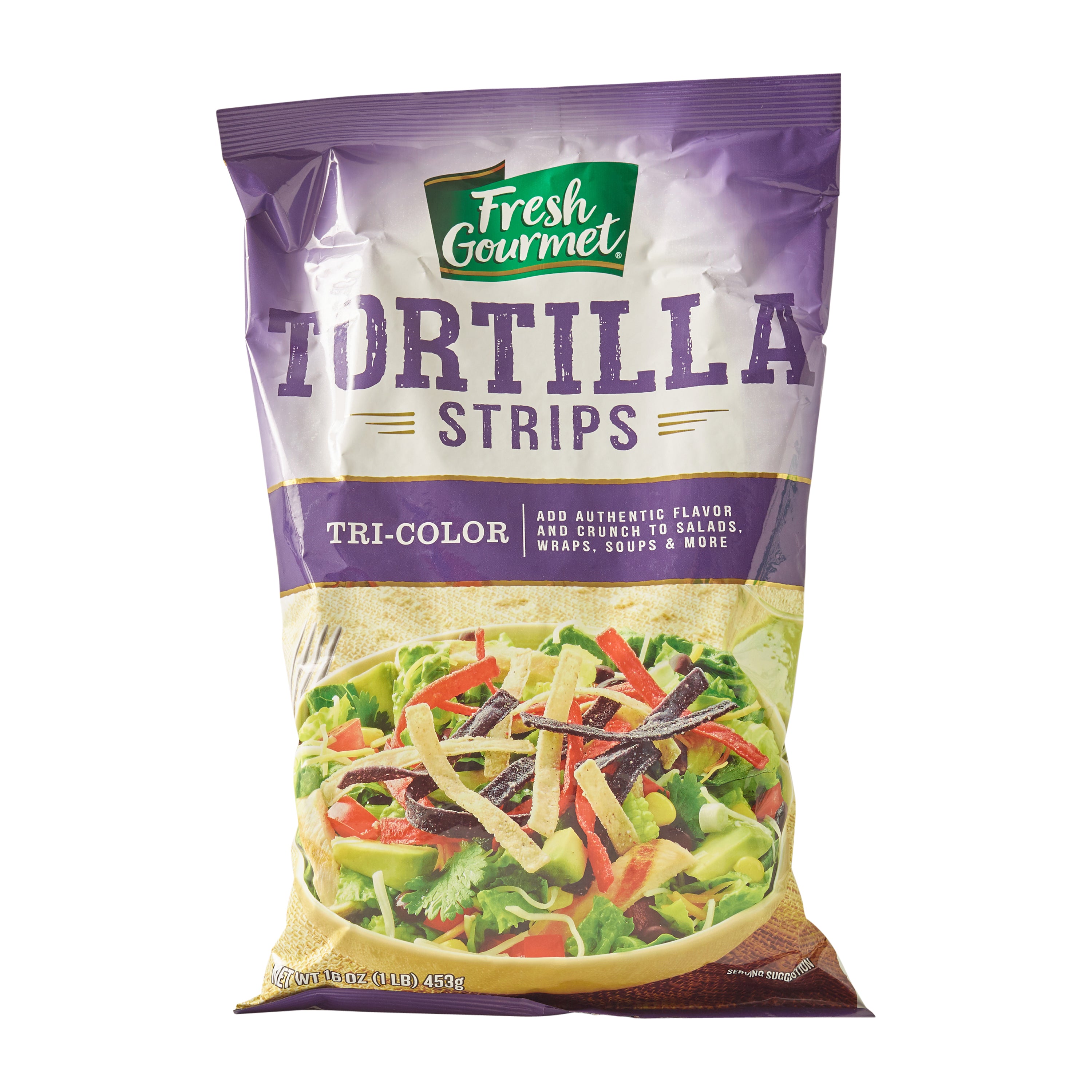 Fresh Gourmet Salad Topping Tri-Color Tortilla Strips 1 Pound Each - 10 Per Case.