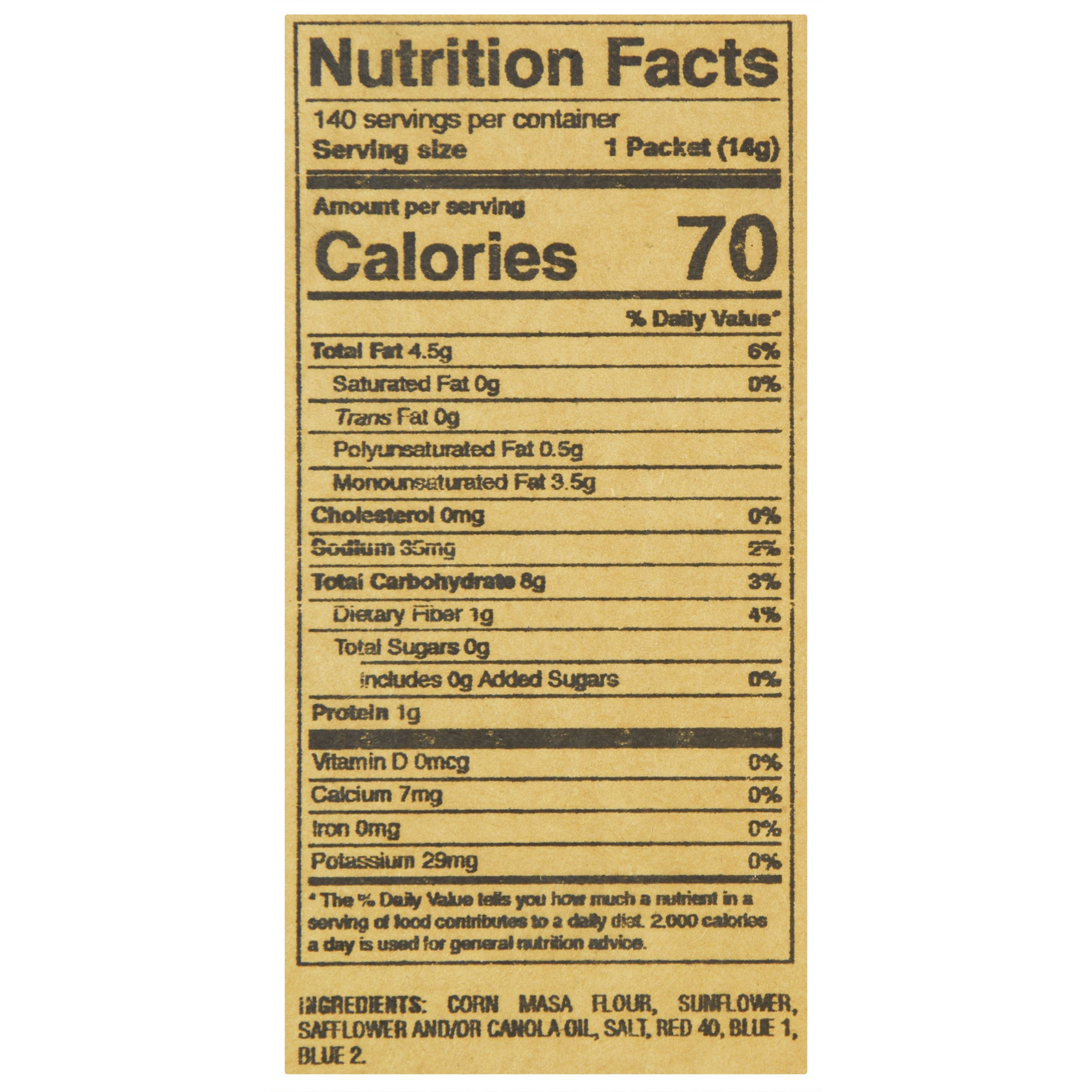 Fresh Gourmet Tri-Color Tortilla Strips 0.5 Ounce Size - 140 Per Case.