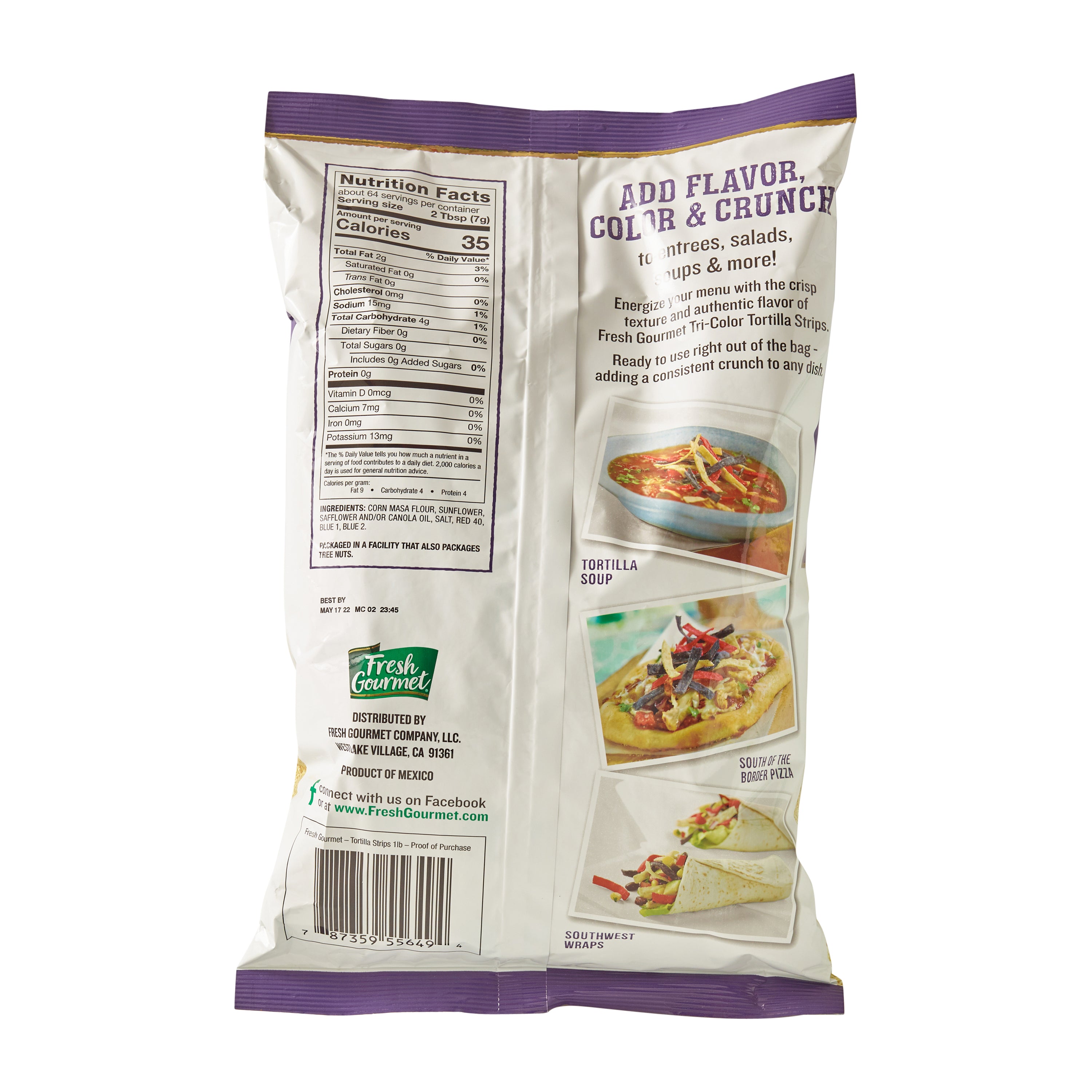 Fresh Gourmet Salad Topping Tri-Color Tortilla Strips 1 Pound Each - 10 Per Case.