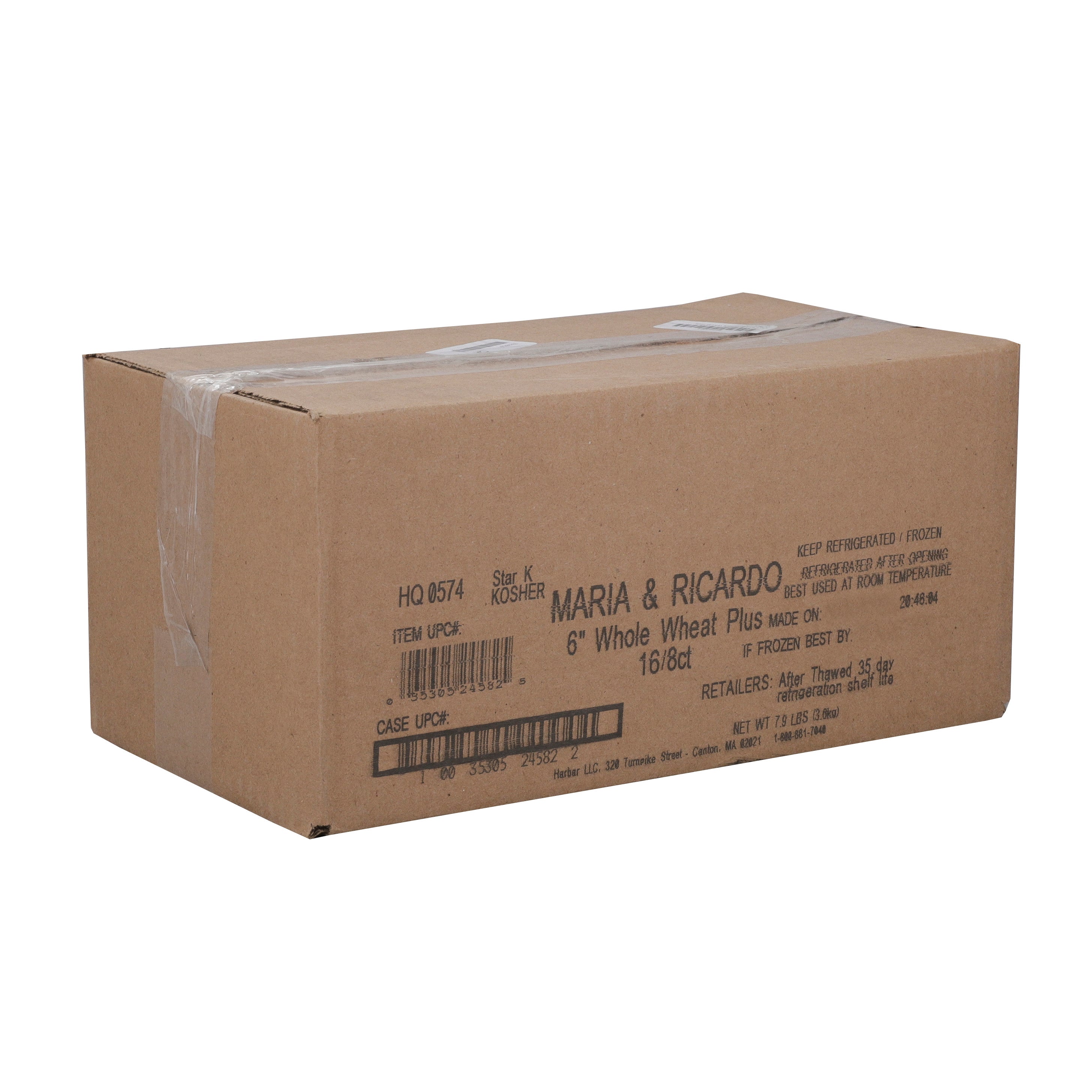 Maria & Ricardo's Whole Wheat Plus Fiber Rich Tortillas 6 Inch 8 Count Packs - 16 Per Case.