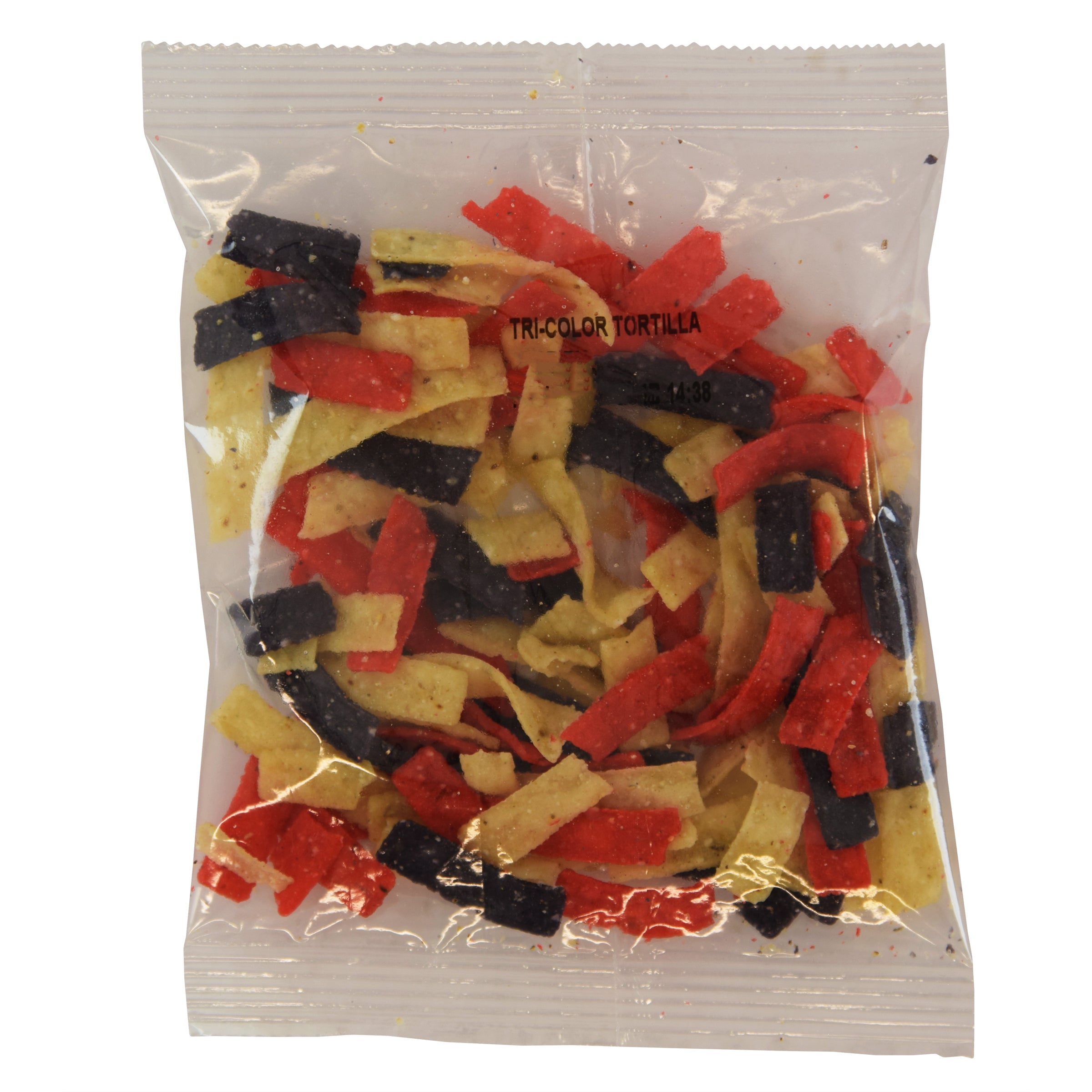Fresh Gourmet Tri-Color Tortilla Strips 0.5 Ounce Size - 140 Per Case.