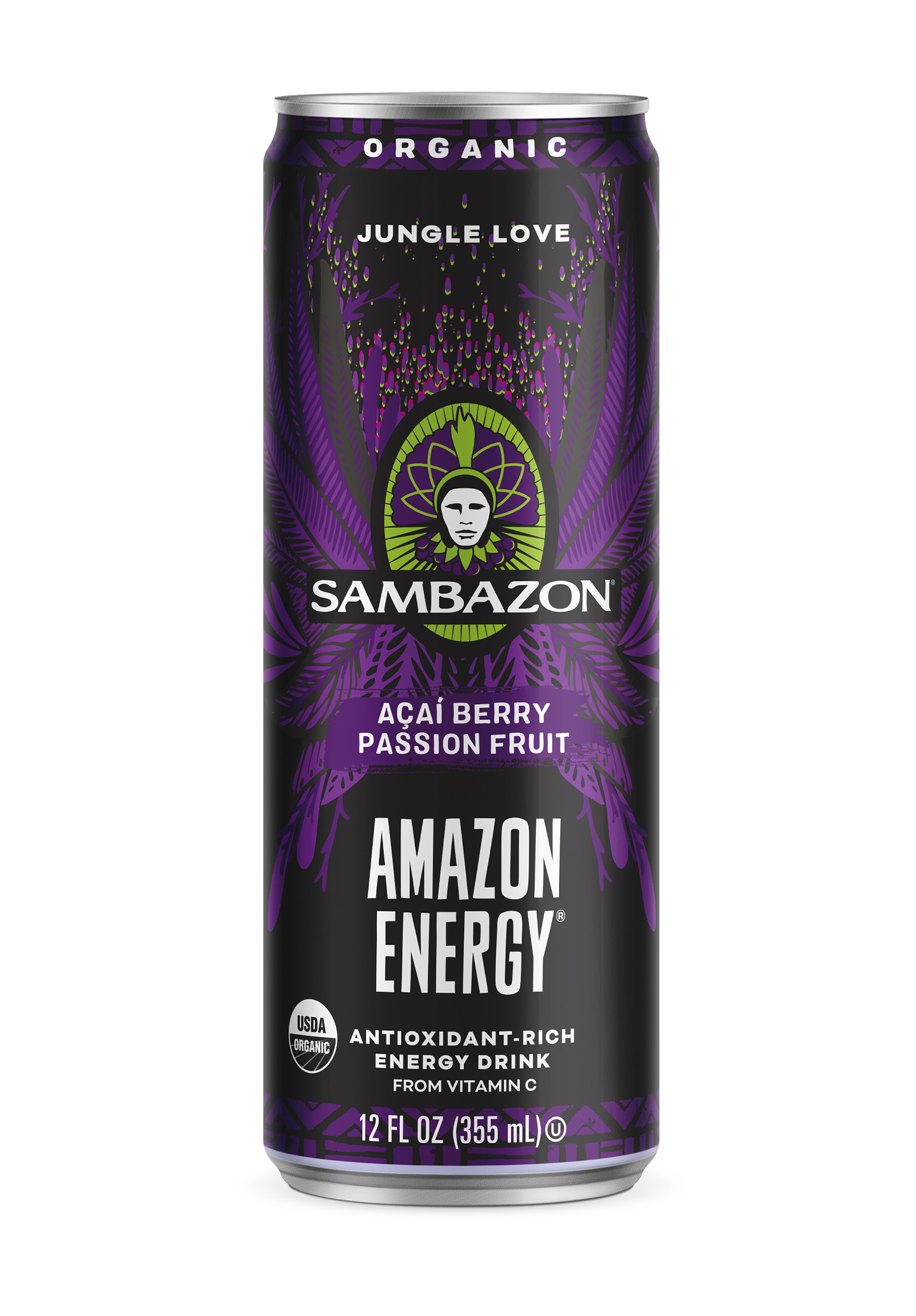 Sambazon Jungle Love Amazon Energy Acai Berry Passionfruit Energy Drink Organic 12 Fluid Ounce - 12 Per Case.