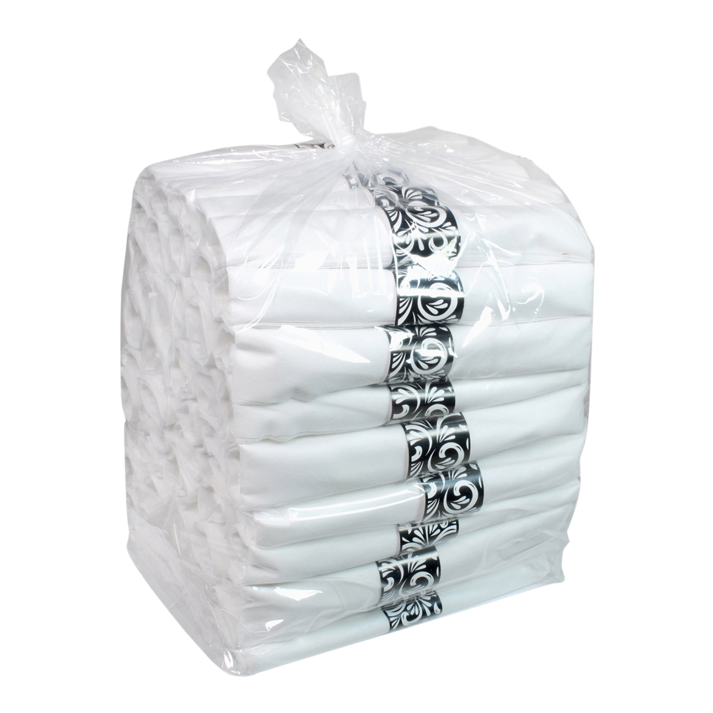 Caterwrap® K White Linen Like Napkin Plastic Metallic With Scroll Band Bagged 50 Count Packs - 2 Per Case.