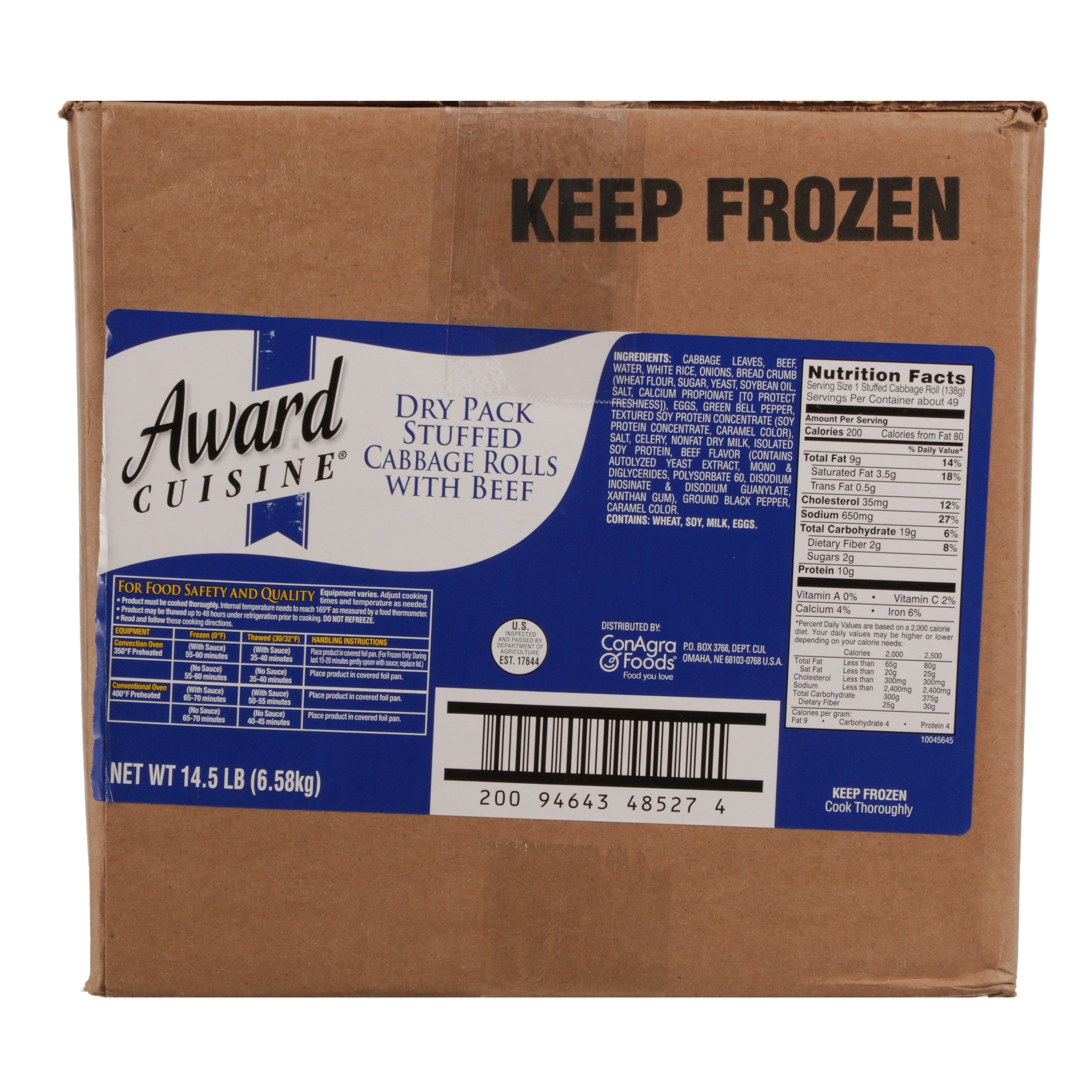 Award Cuisine Cabbage Rolls IQF 4.83 Ounce Size - 48 Per Case.