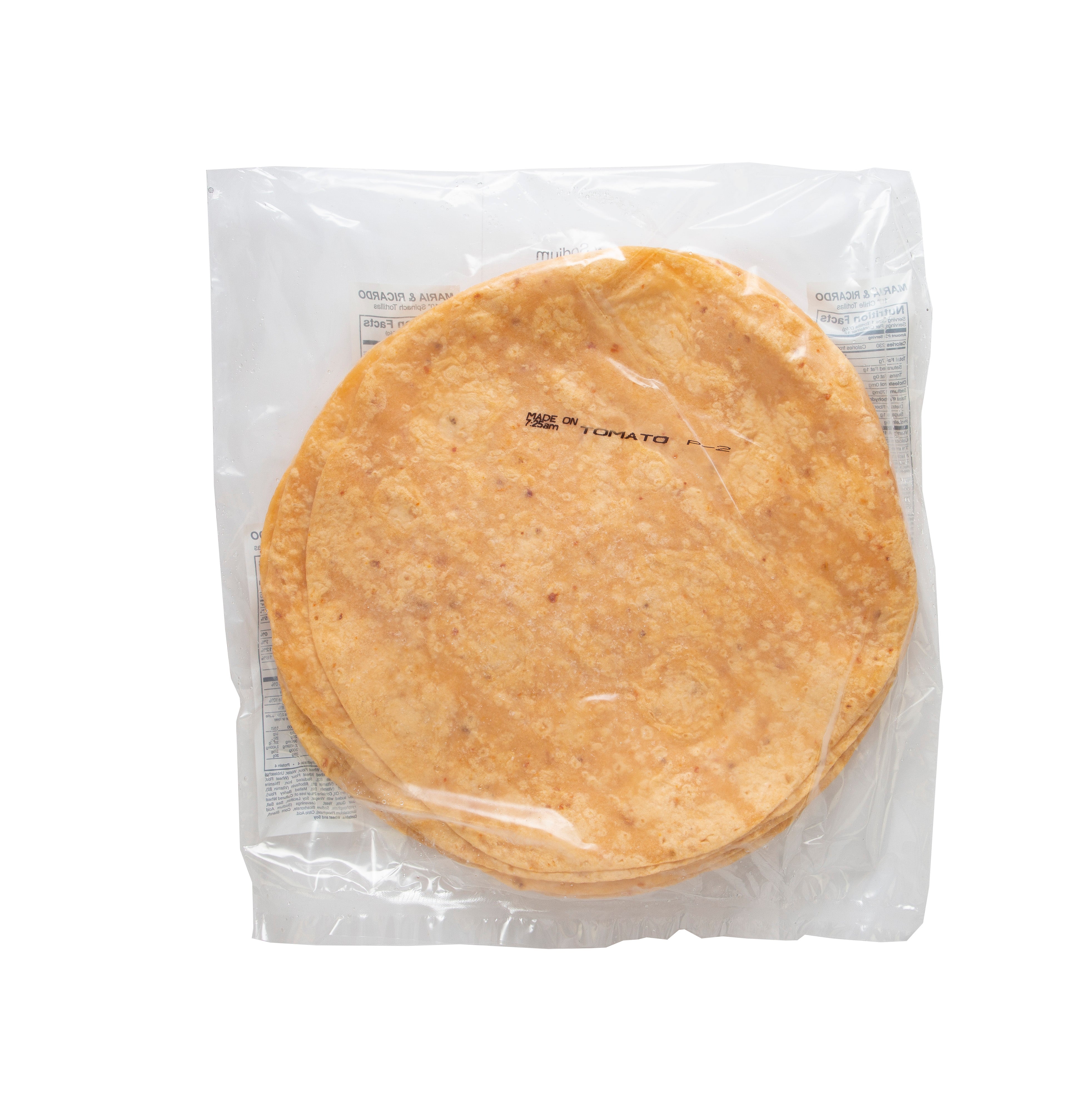 Maria & Ricardo's Tomato Flour Tortillas 10 Inch 10 Count Packs - 12 Per Case.