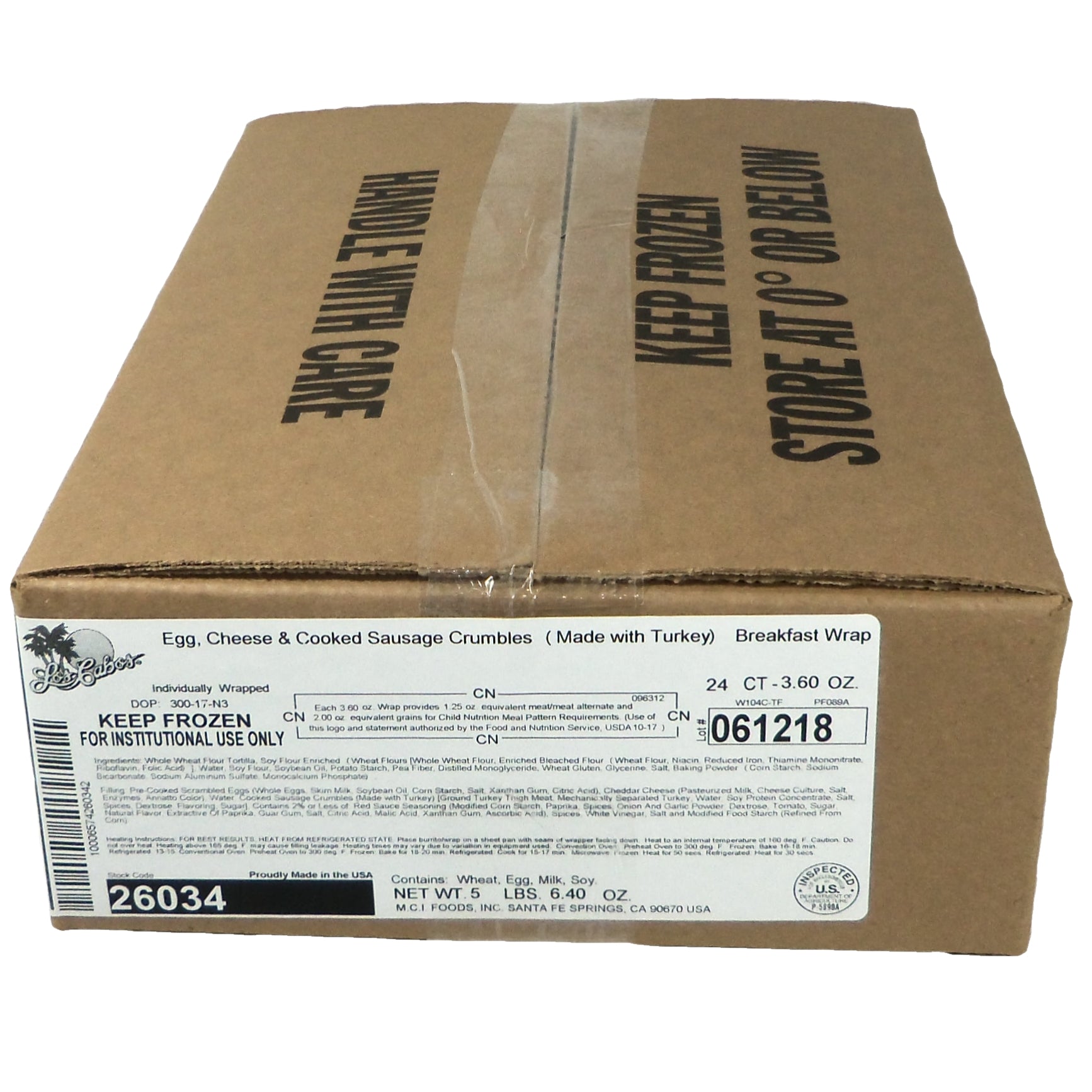 Los Cabos Egg And Sausage And Cheese Breakfast Burrito 3.6 Ounce Size - 24 Per Case.