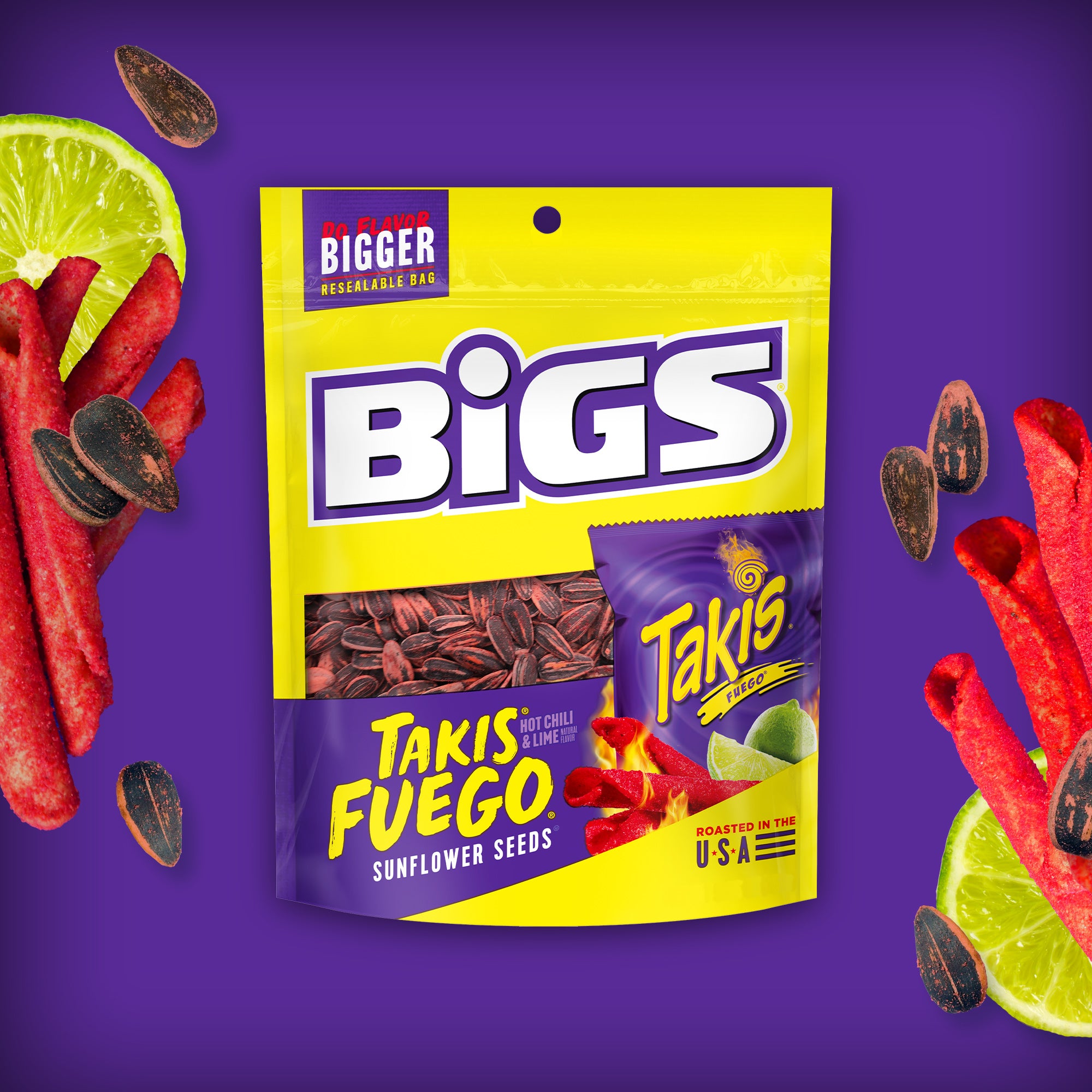 Bigs Takis Fuego Sunflower Seeds Hot Chili Lime Flavor Keto Friendly Snack 5.35 Ounce Size - 12 Per Case.
