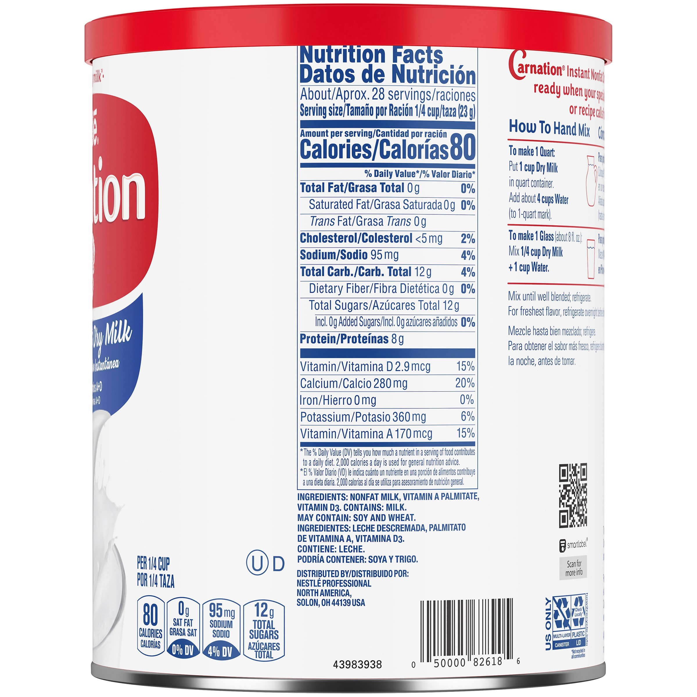 Nestle Carnation Instant Nonfat Dry Milk Canister Tray 22.75 Ounce Size - 4 Per Case.