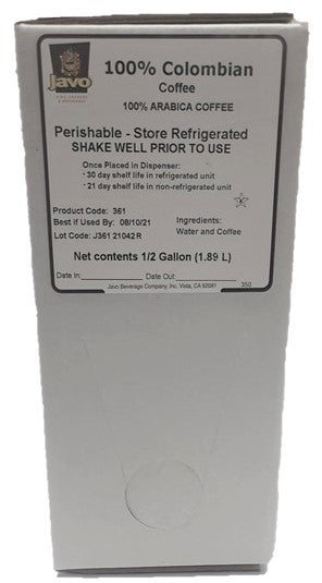 Javo Beverage Colombian Bag In Box Gallon 0.5 Gallon - 2 Per Case.