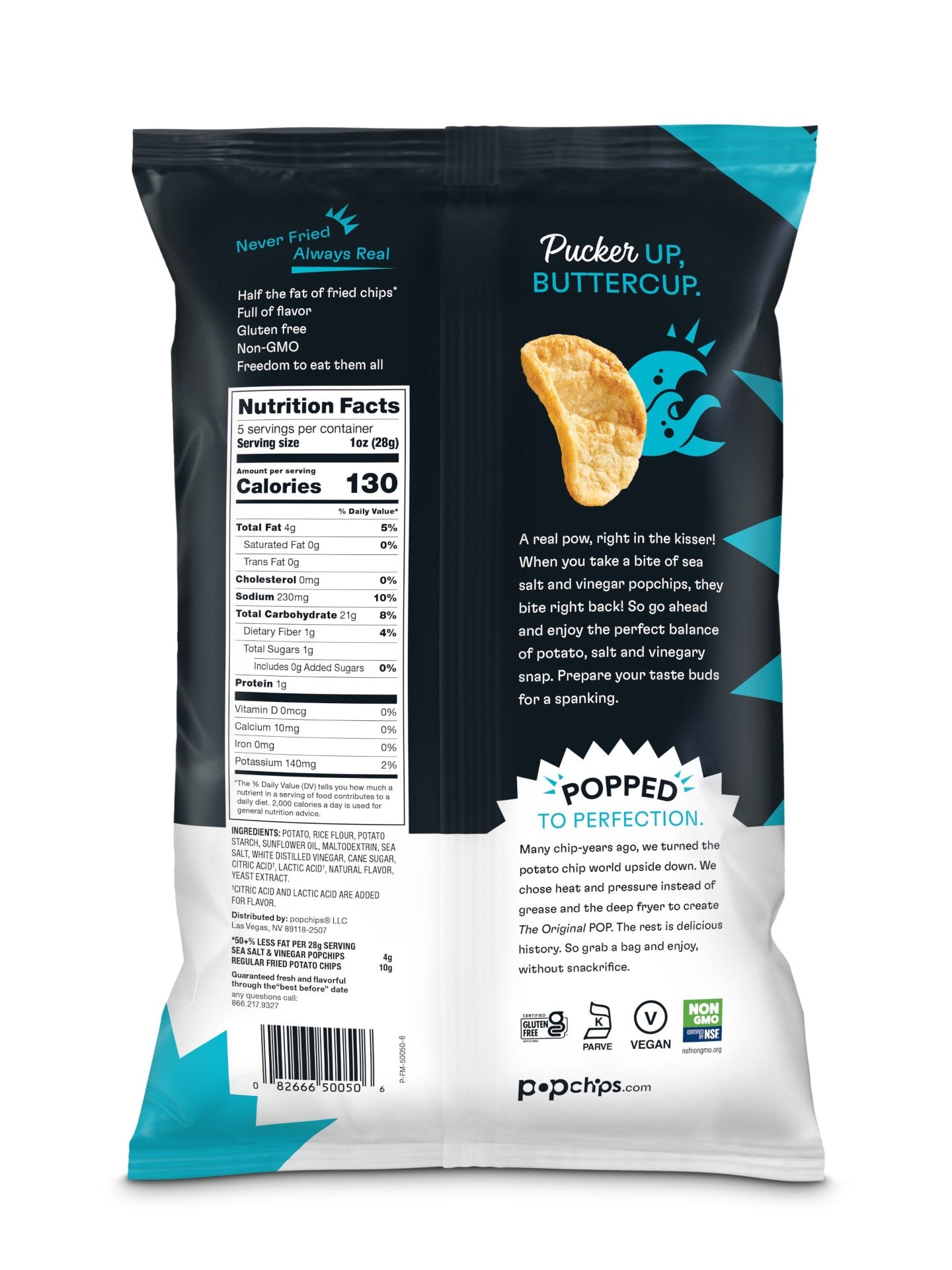 Popchips Sea Salt & VinegarKosherpopped Potato Chips 5 Ounce Size - 12 Per Case.