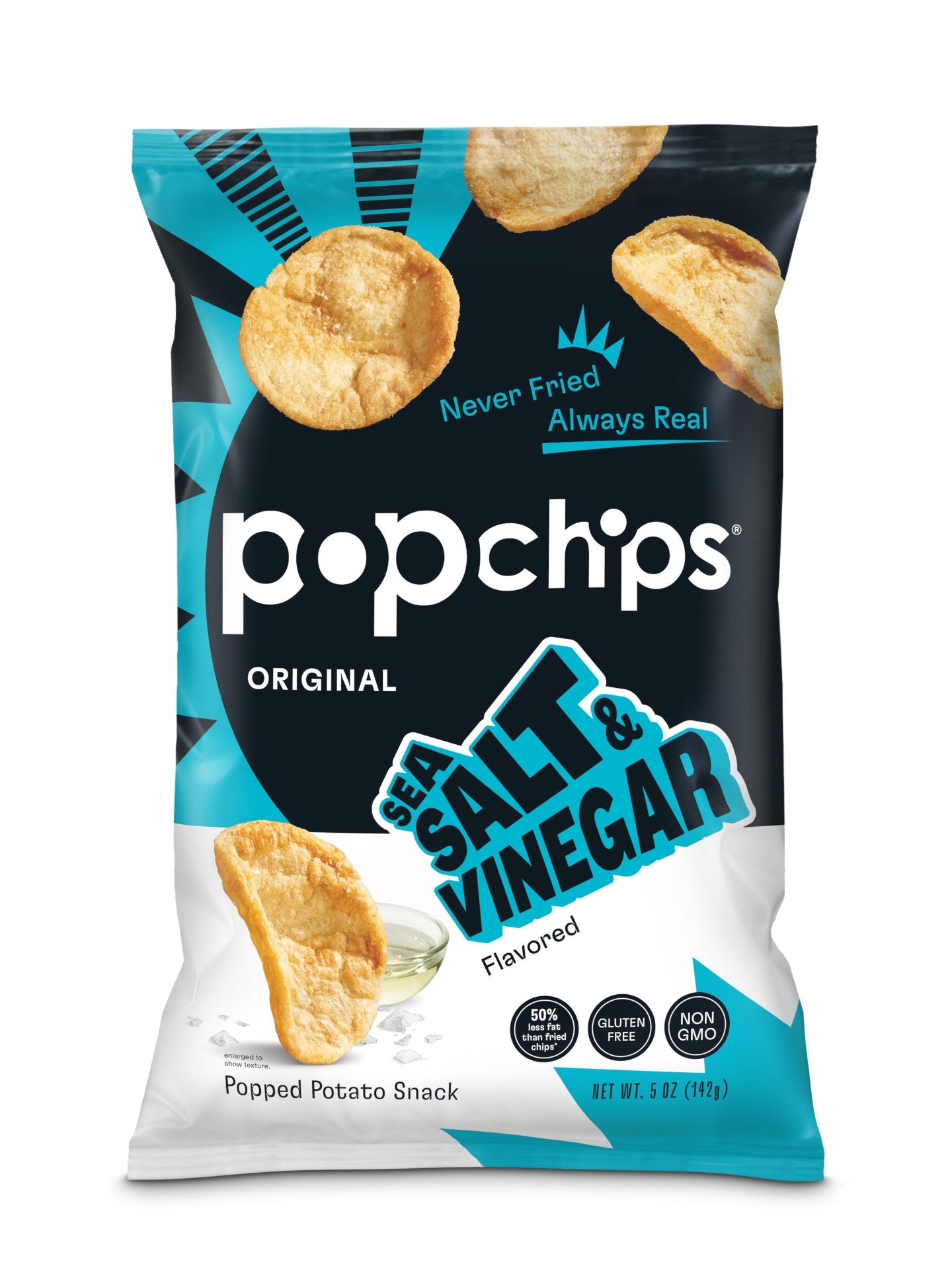 Popchips Sea Salt & VinegarKosherpopped Potato Chips 5 Ounce Size - 12 Per Case.