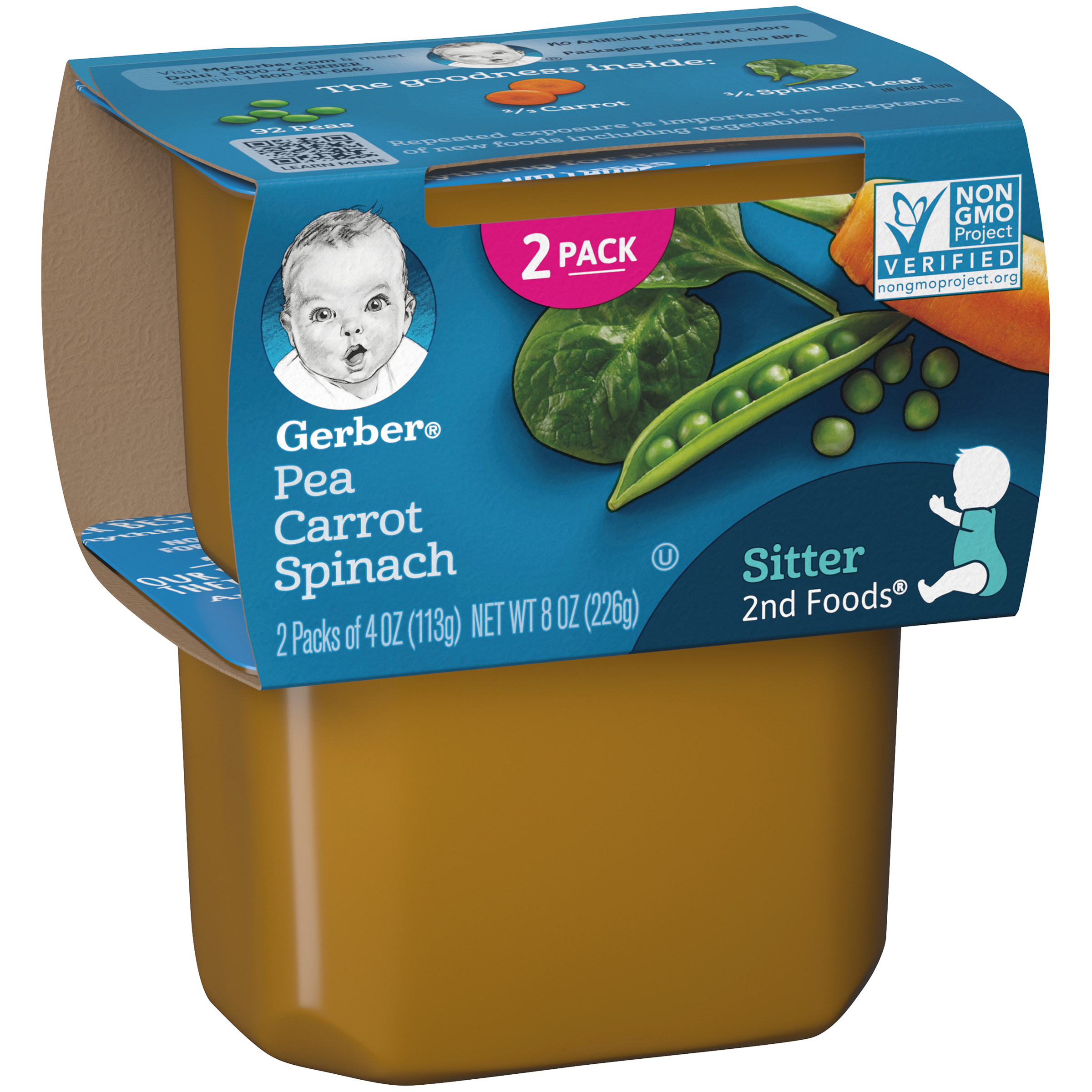 (2 pack of 4 Oz) Gerber 2nd Foods Pea Carrot Spinach Baby Food 8 Ounce Size - 8 Per Case.