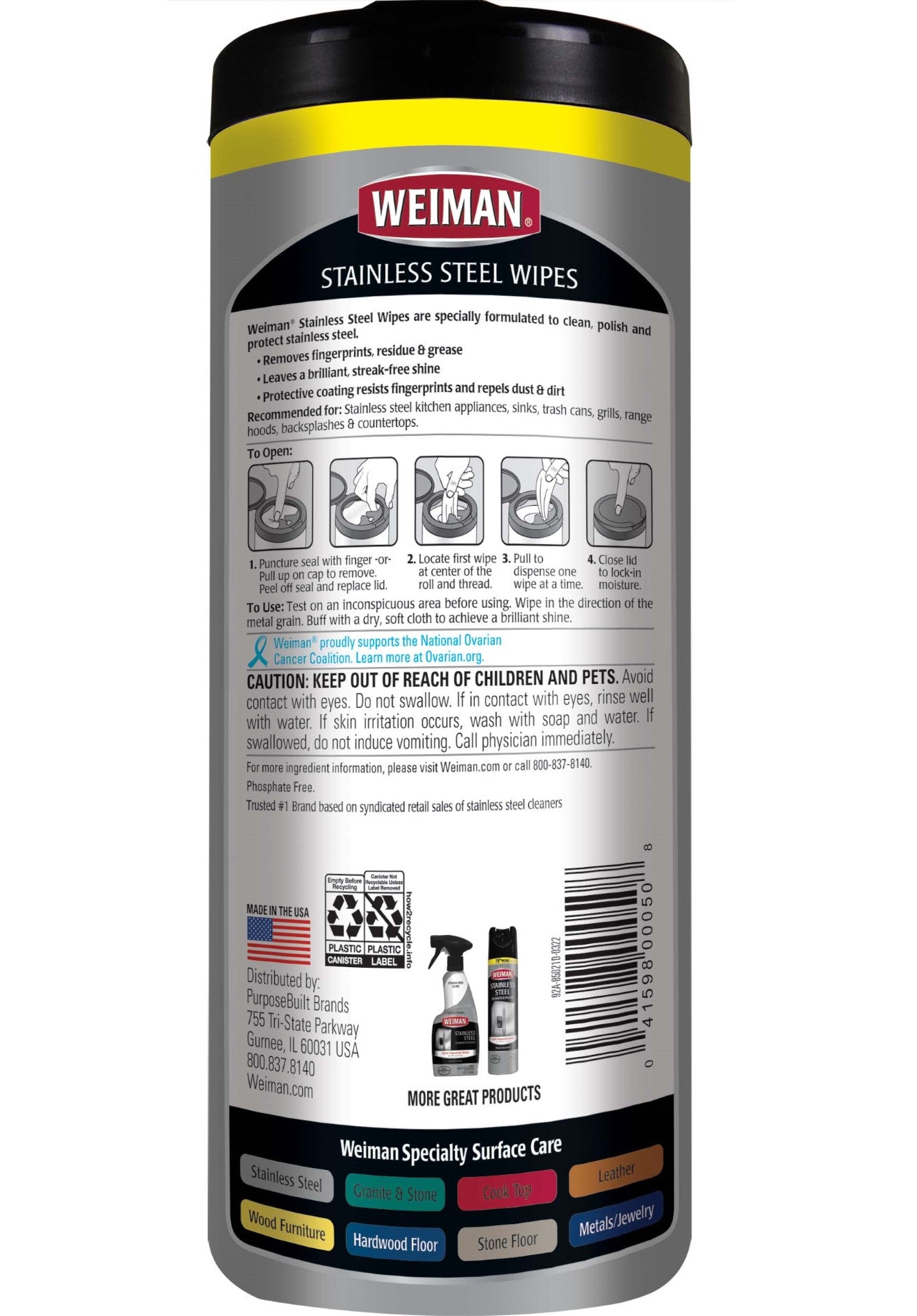 Weiman Products Stainless Steel Wipes 30 Count Packs - 4 Per Case.