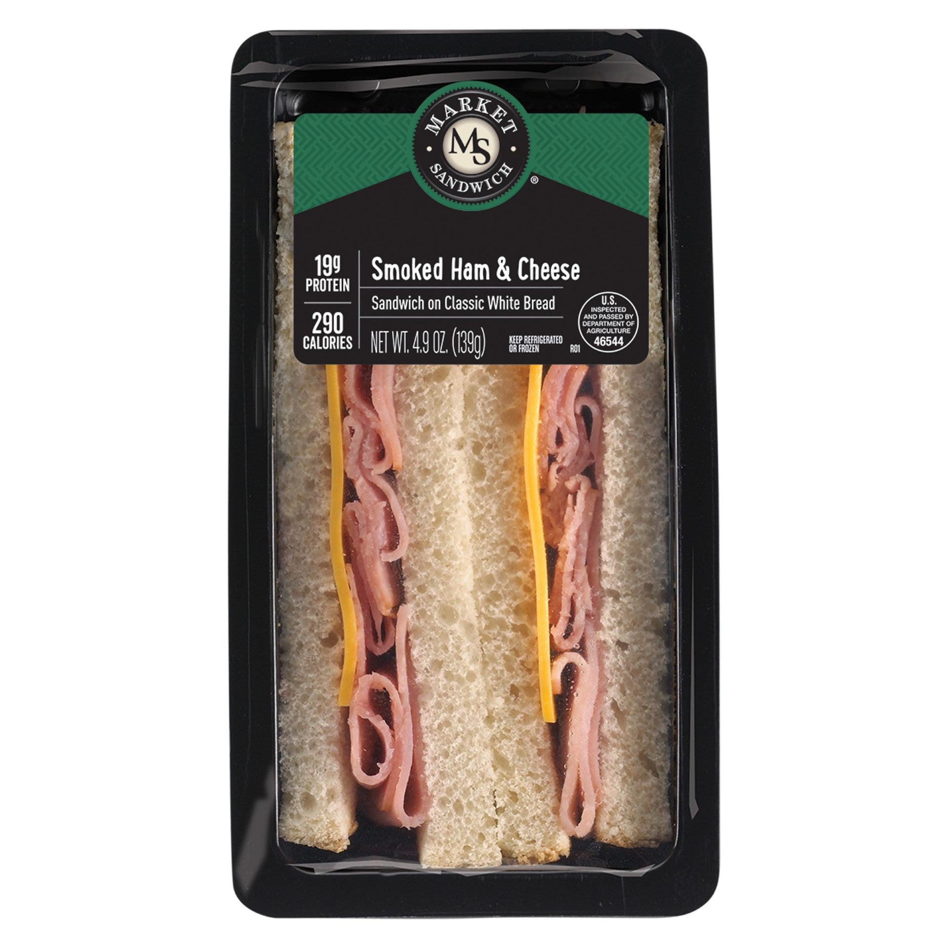 Market Sandwich Smoked Ham & Cheese White Bread Sandwich Wedge 4.9 Ounce Size - 10 Per Case.