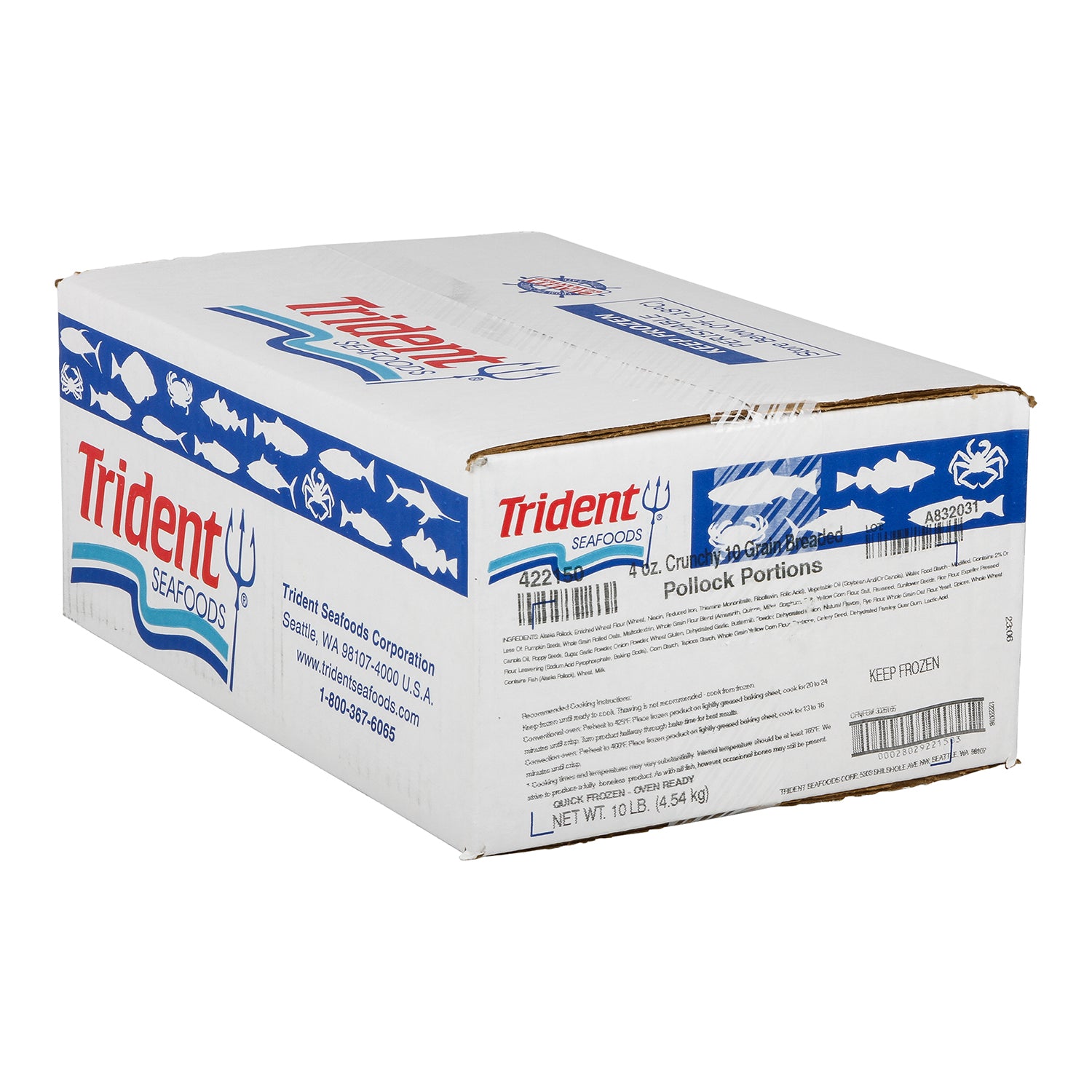 Trident Seafoods 4 Ounce 10 Grain Crunchy Breaded Oven Ready Pollock 10 Pound Each - 1 Per Case.