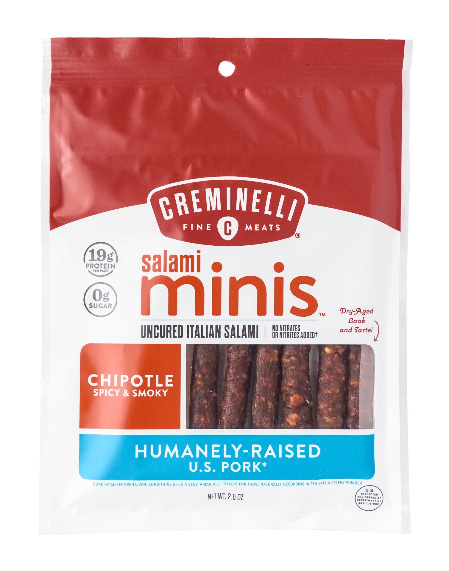 Salami Minis Chipotle Made With Paprika And Organic Chipotle Peppers For A Smooth Spic 2.6 Ounce Size - 12 Per Case.