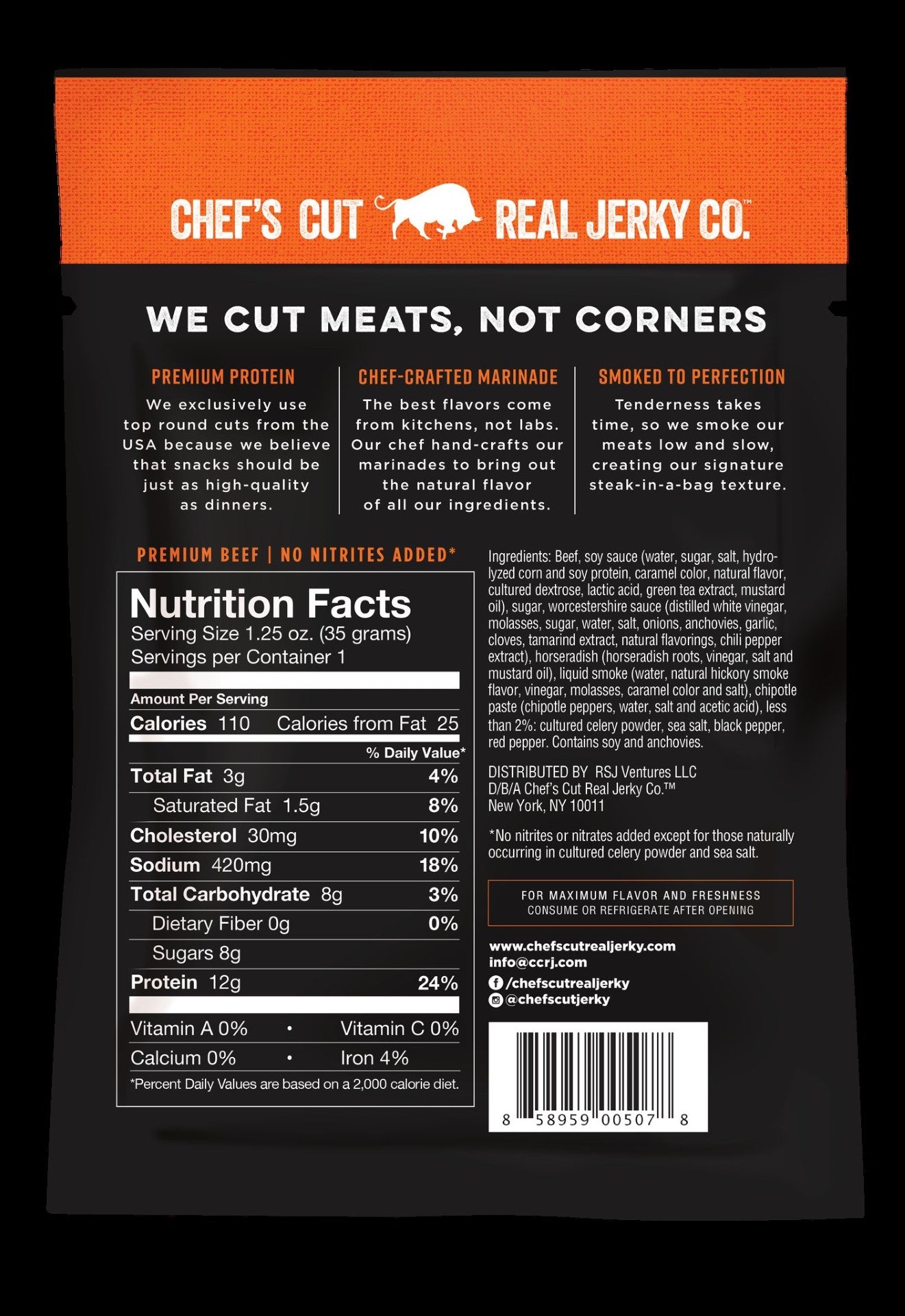 Chef's Cut Real Jerky Co Smoked Beef Chipotle Cracked Pepper 2.5 Ounce Size - 8 Per Case.